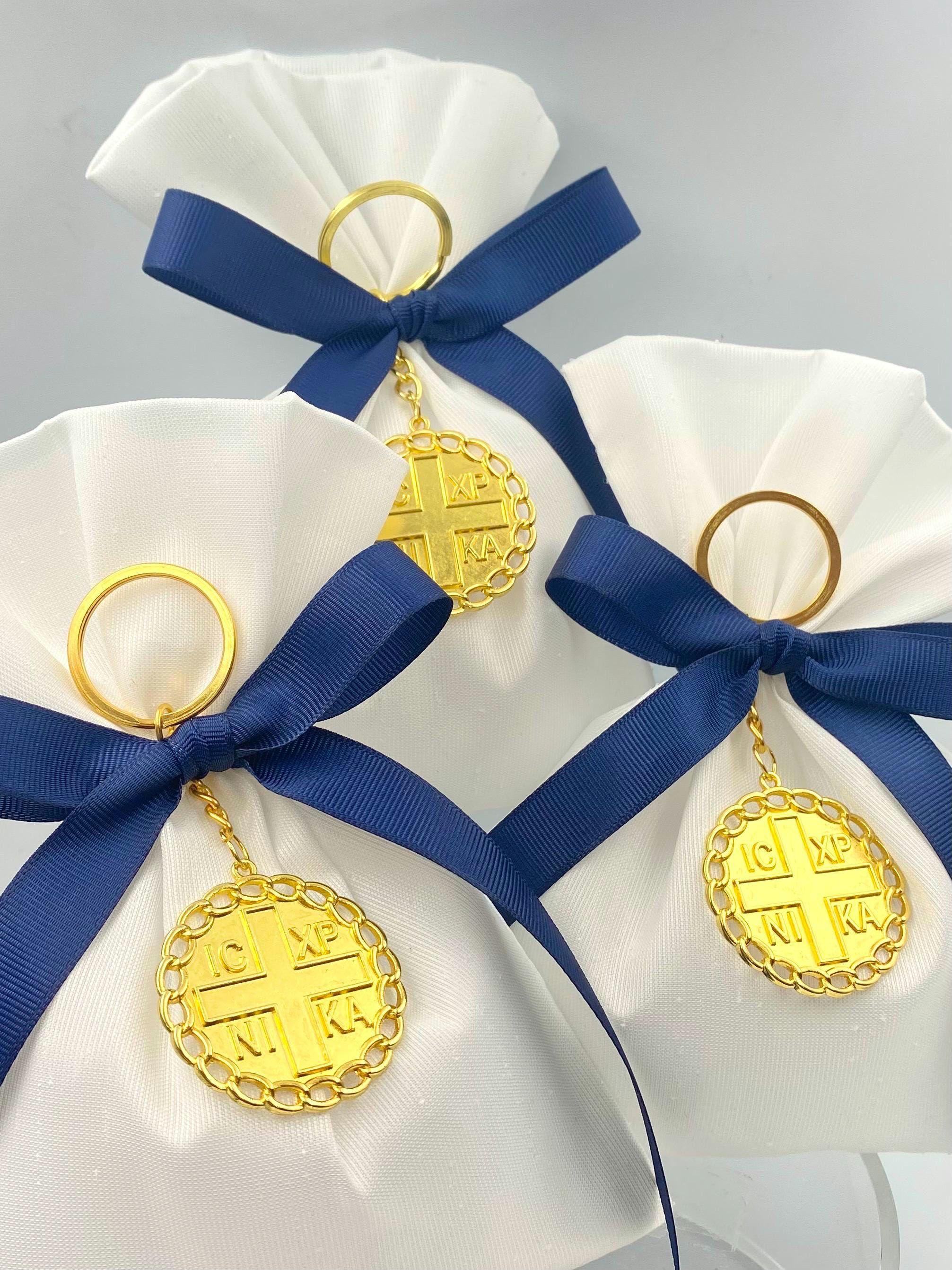 10 pcs, Greek baptism bombonieres, Orthodox Favors - ICXCNIKA Keychain- Christening Gifts for guests -Boy baptism bag koufeta  jordan almond