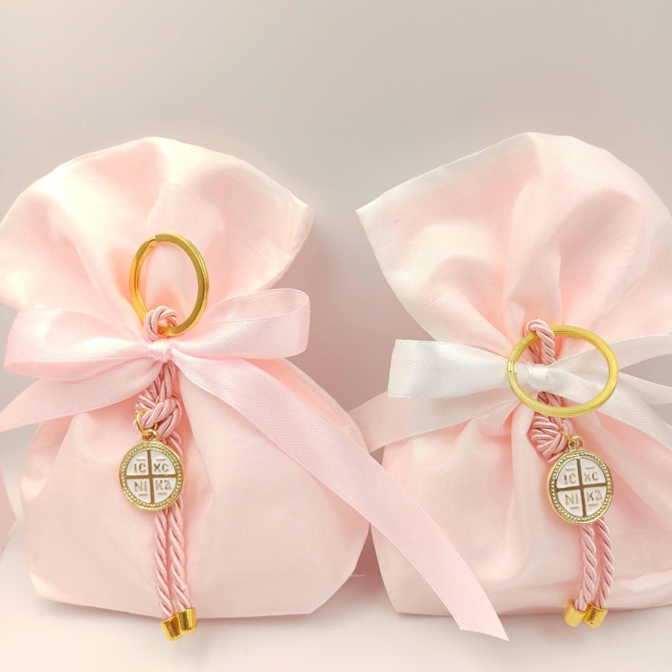 10 pcs, Greek Orthodox pink baptism boubounieres, Cross keychain Martyrika,Girl baptism, Koufeta, baptism favors,Koufeta Almond candy pouch.