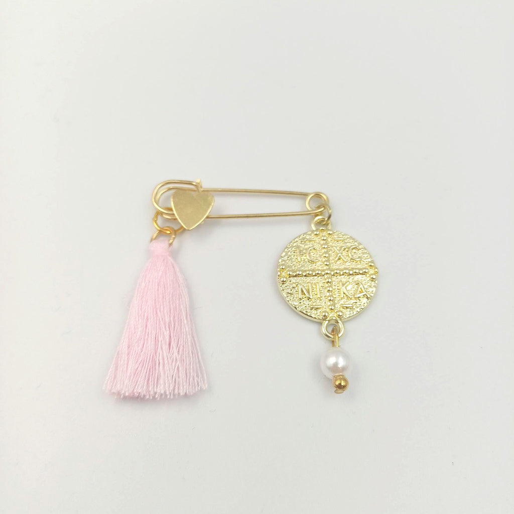 10pcs Greek Orthodox Martyrika Witness Pins – Gold Safety Pins with IC XC NIKA Cross, Pearl & Pink Tassel – Baptism or First Communion Favor