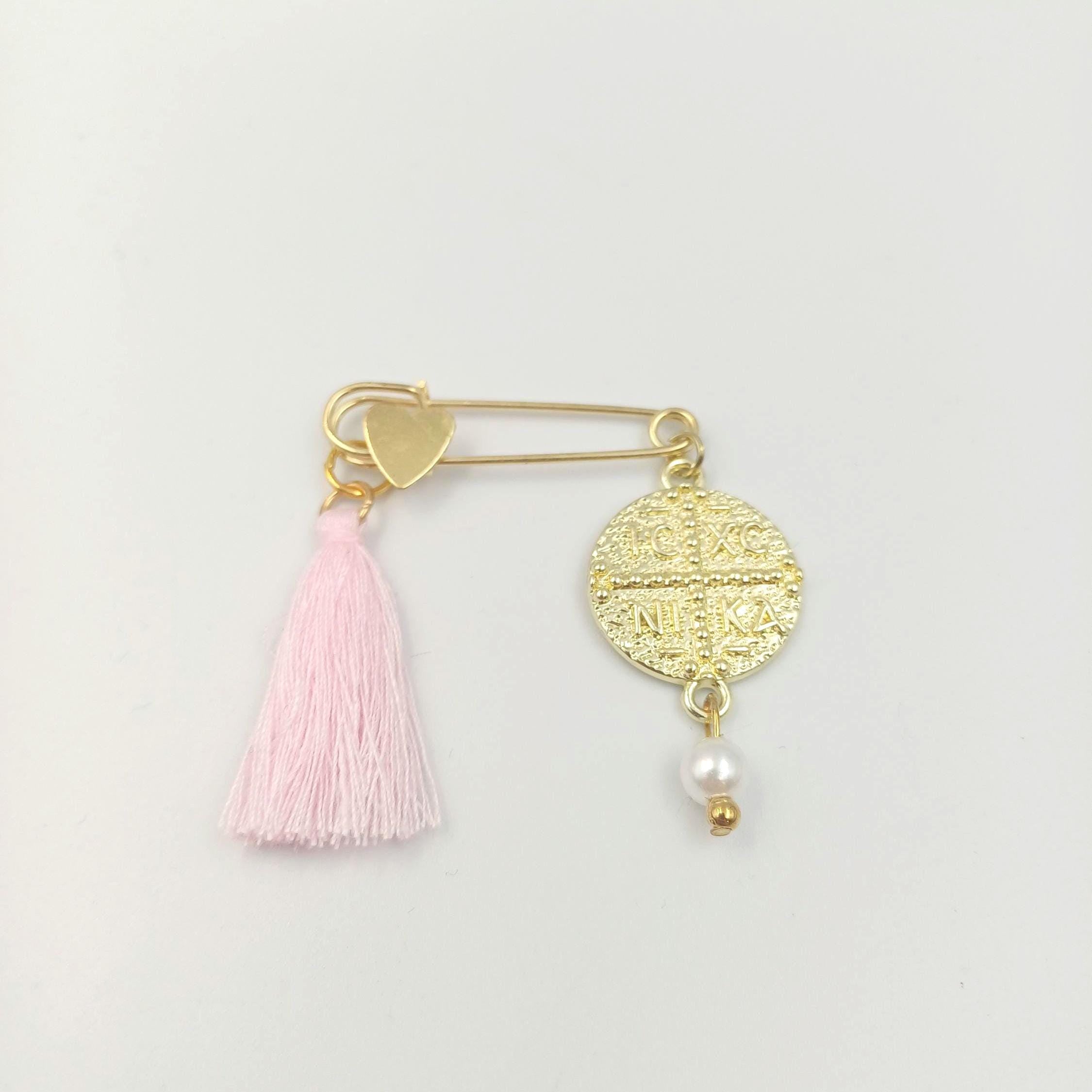 10pcs Greek Orthodox Martyrika Witness Pins – Gold Safety Pins with IC XC NIKA Cross, Pearl & Pink Tassel – Baptism or First Communion Favor