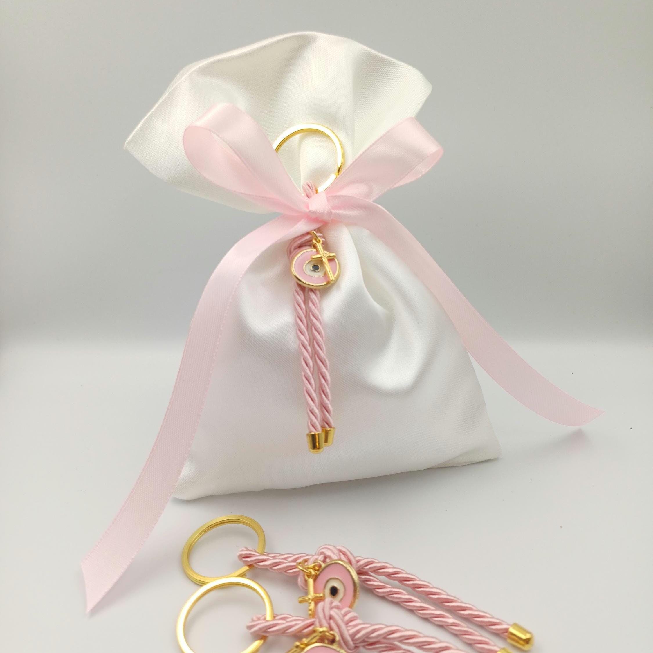 10 pcs, Greek baptism favor bombonieres, Orthodox baptism Evil eye and cross Keychain favors, Girl baptism,Koufeta, Almond candy satin bags.