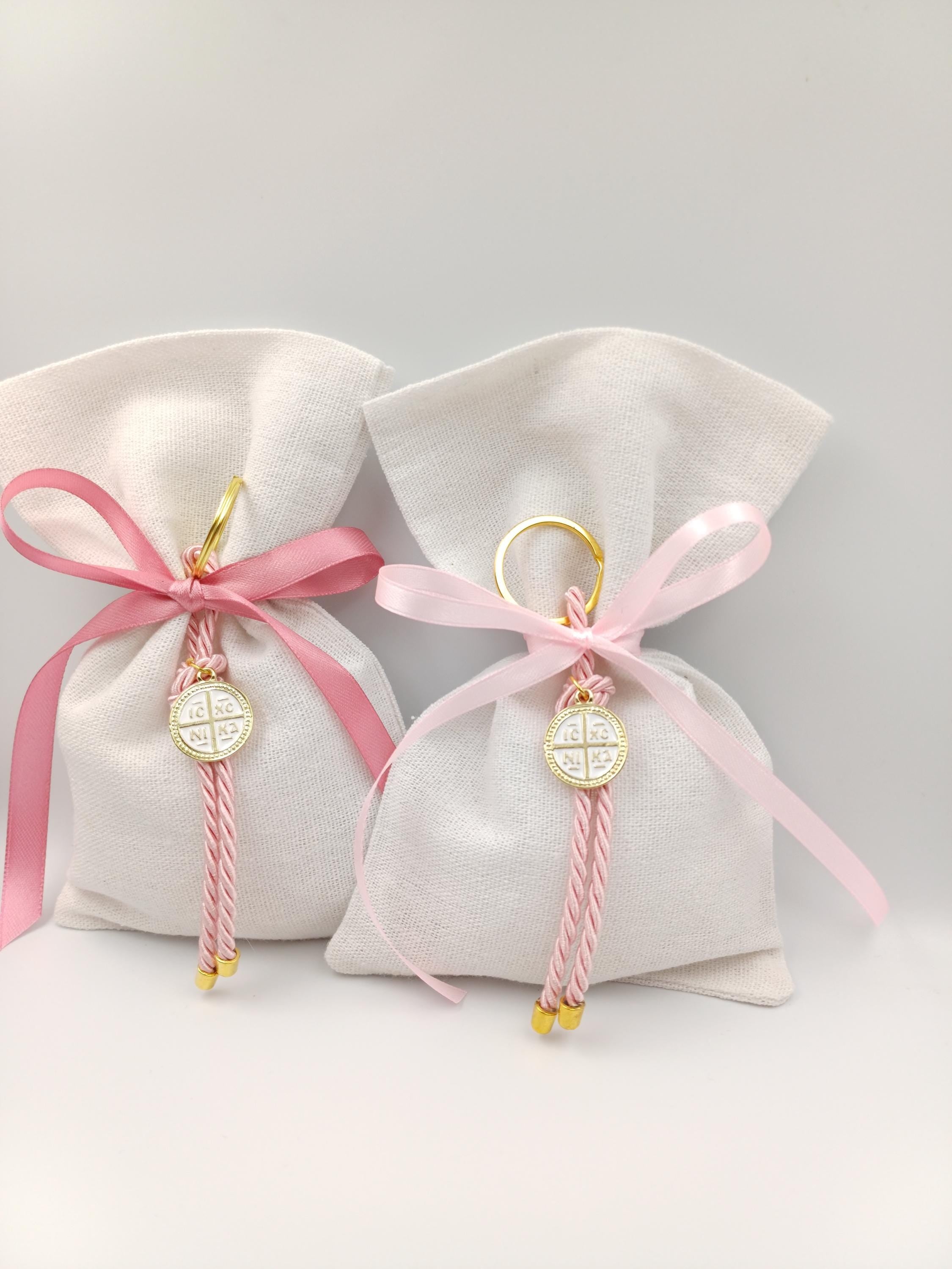 10 pcs, Orthodox baptism boubounieres, Martyrika cross keychain girl, Greek baptism favors , Koufeta ,Koufeta jordan Almond candy pouches.