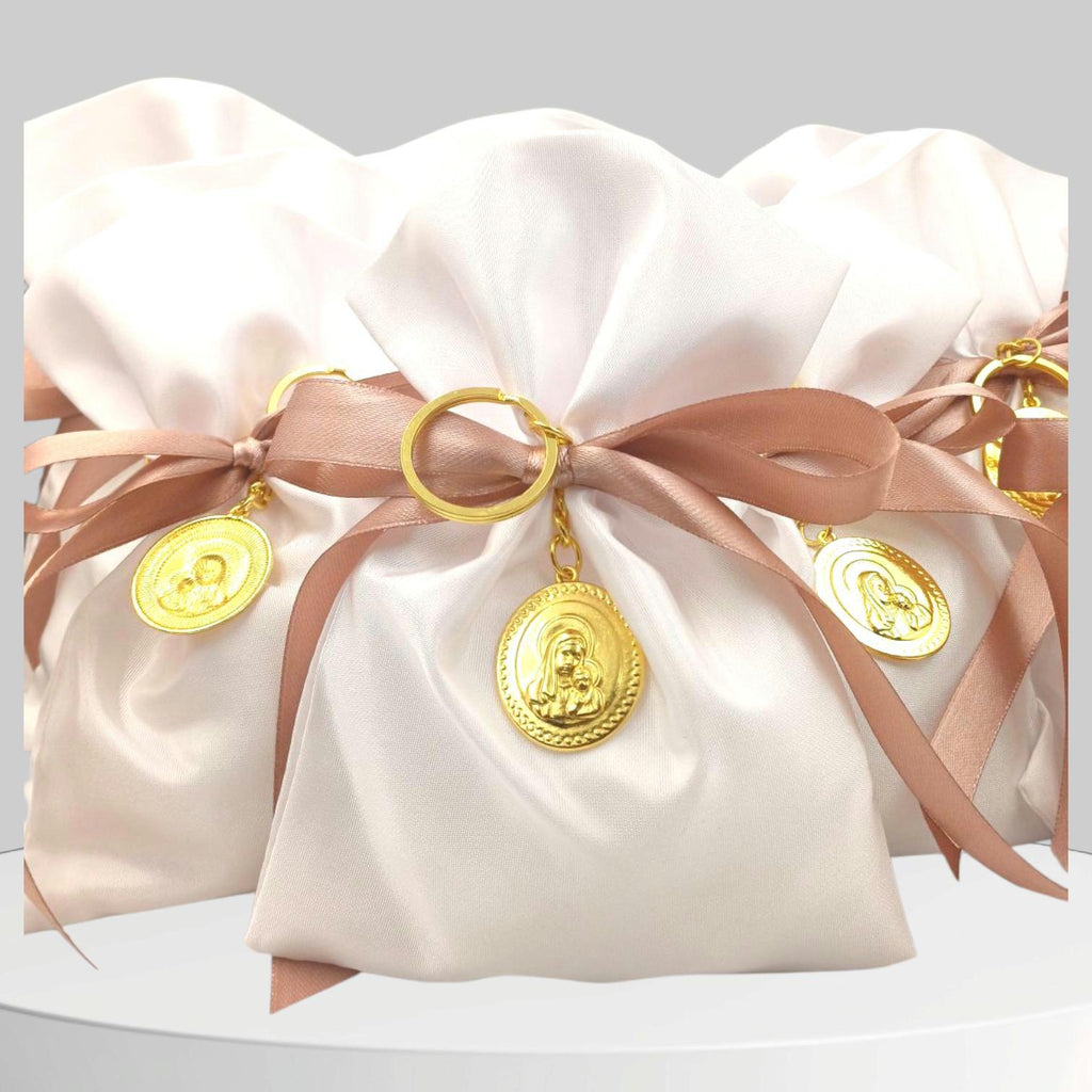 10 pcs, Greek baptism  bombonieres, Christening favor Panagia icon, Orthodox Keychain favors, Girl baptism,Koufeta, Almond candy satin bags.