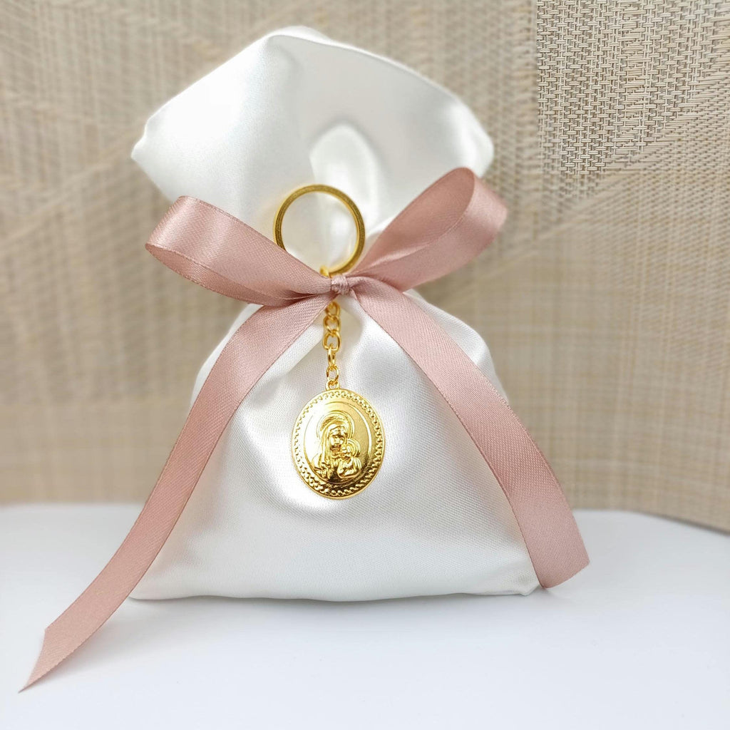 10 pcs, Greek baptism  bombonieres, Christening favor Panagia icon, Orthodox Keychain favors, Girl baptism,Koufeta, Almond candy satin bags.