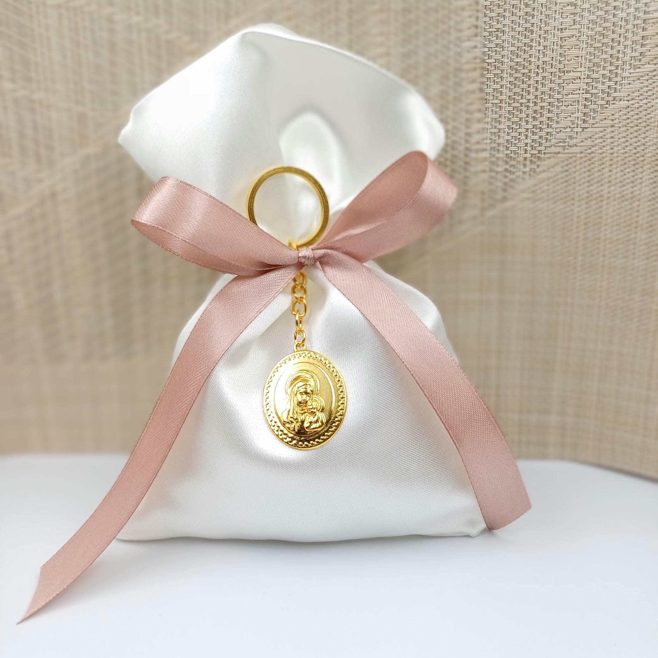 10 pcs, Greek baptism  bombonieres, Christening favor Panagia icon, Orthodox Keychain favors, Girl baptism,Koufeta, Almond candy satin bags.
