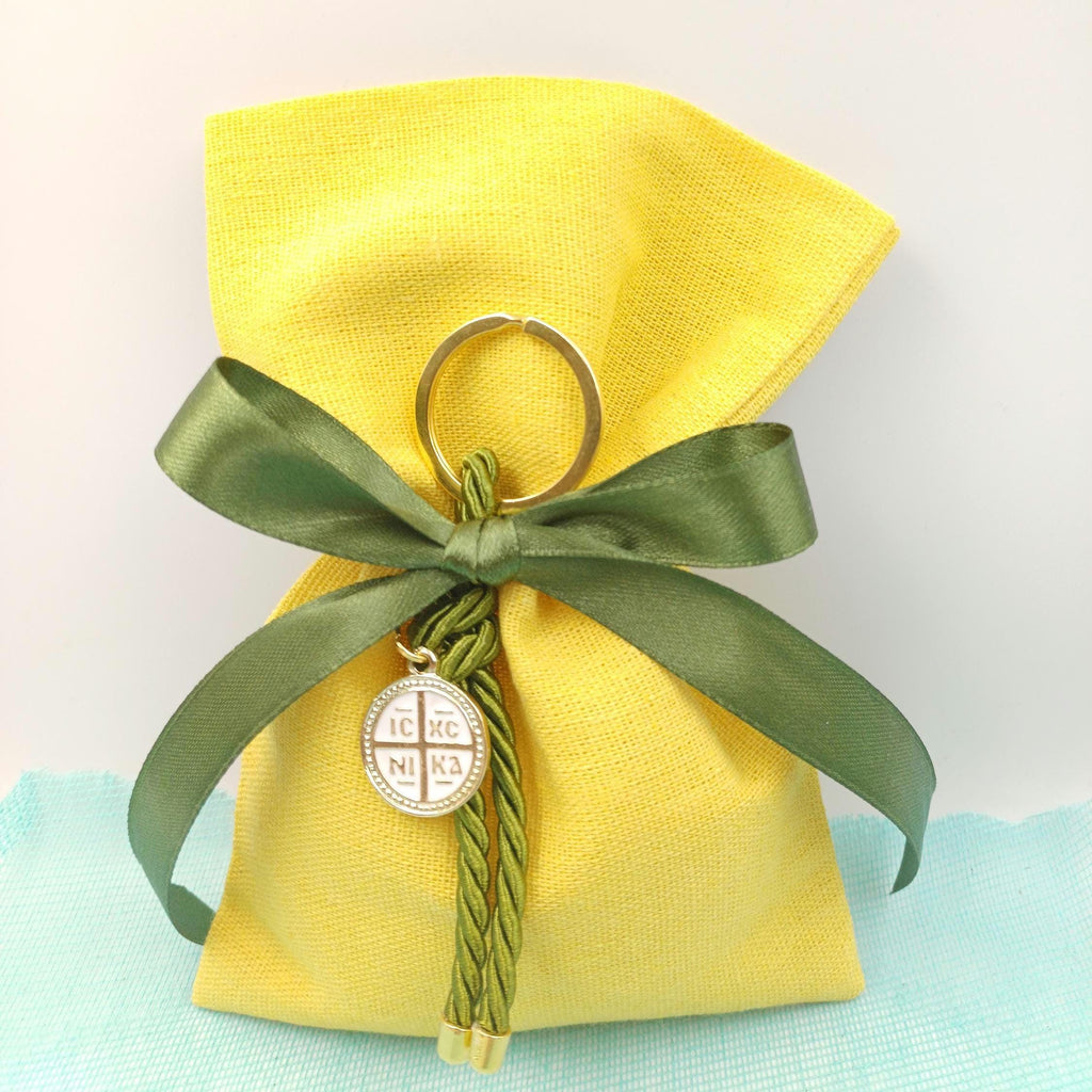 10 pcs, Greek  Orthodox baptism boubounieres, cross Key chain Boy baptism, Koufeta Almond candy linen bags, summer favors greek baptism.