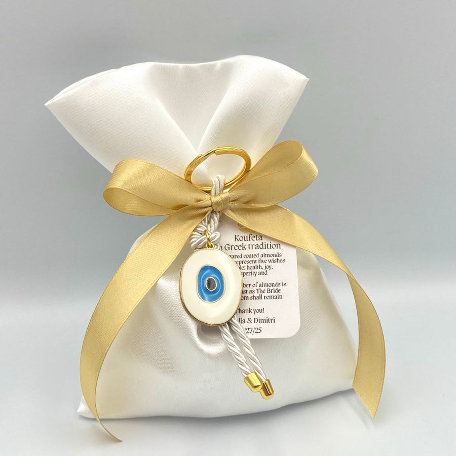 Greek wedding bomboniere, Evil eye Keychain favors, sugared Almond candy satin bags with tag
