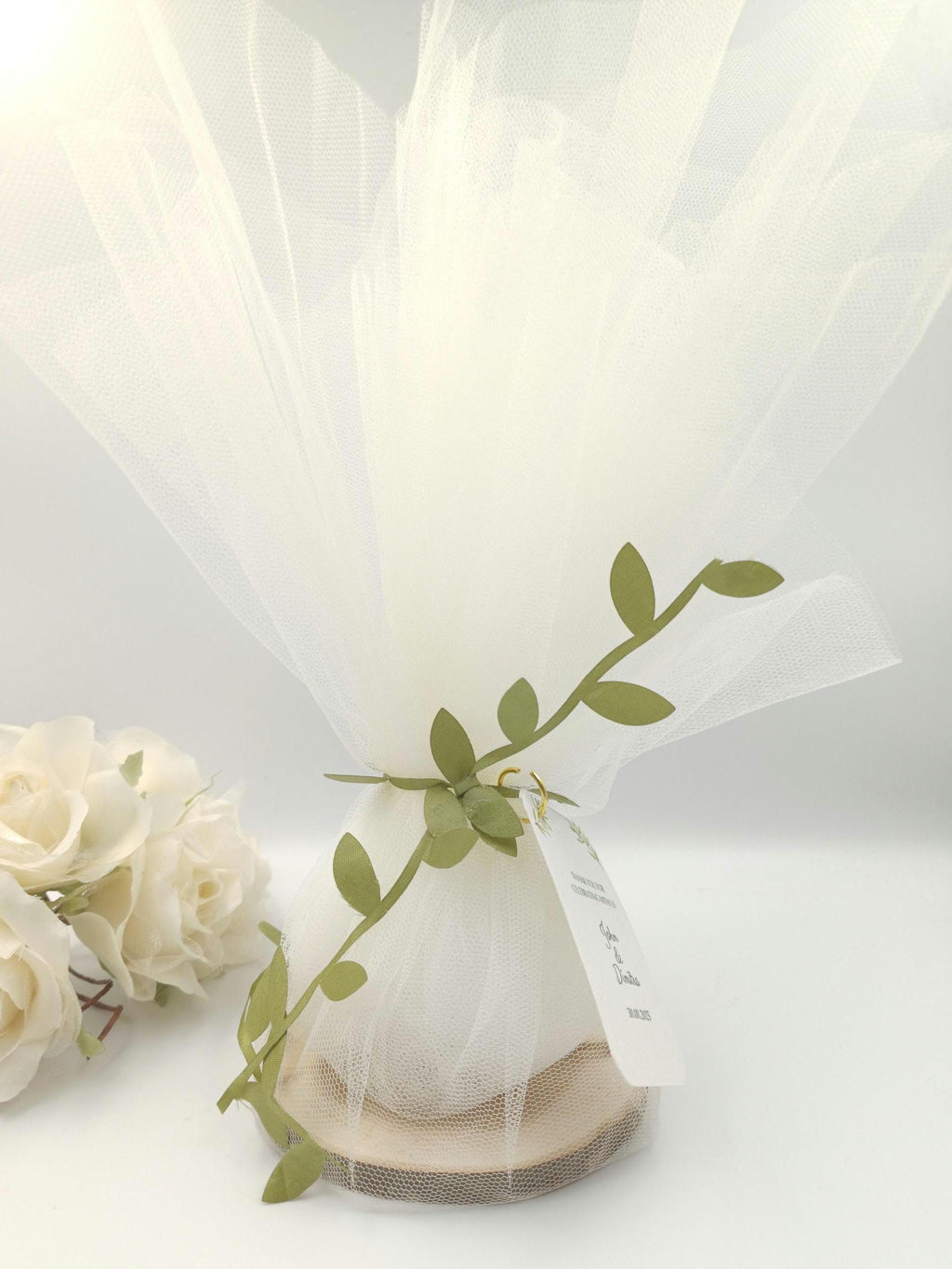 10 pcs, Wedding Favors for Guests in Bulk,engagement party olive branch ribbon favours  Greek tulle Orthodox Boboniera tulle and wood.