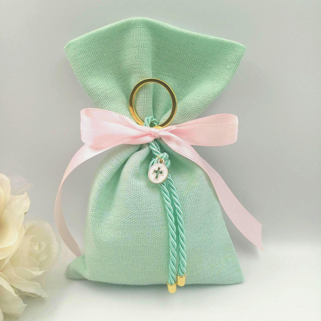 Baptism favors , Greek Orthodox baptism bomboniera almond candy mint green linen bags, Communion italian favors, cross keychain favor 10pcs.