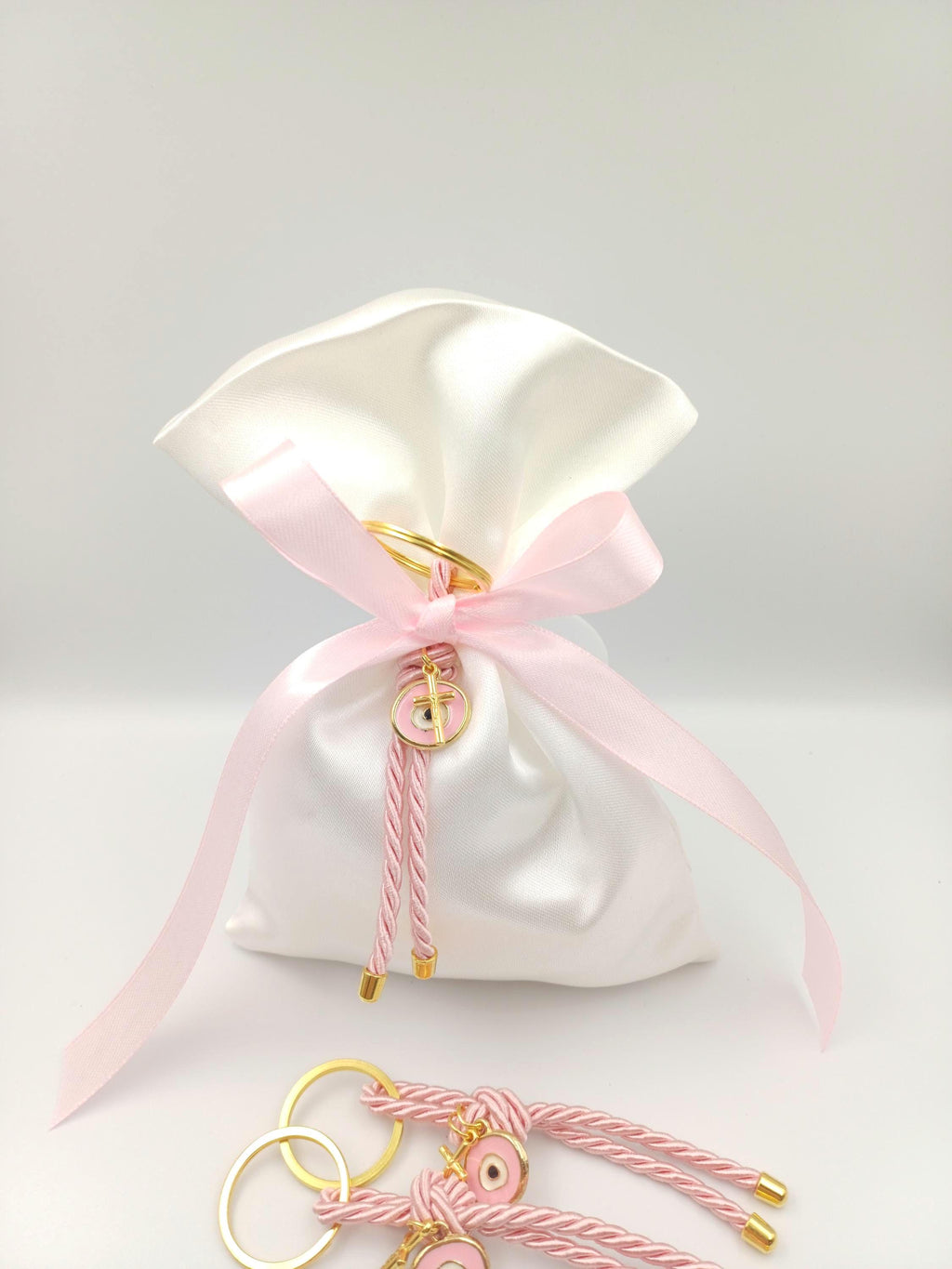 10 pcs, Greek baptism favor bombonieres, Orthodox baptism Evil eye and cross Keychain favors, Girl baptism,Koufeta, Almond candy satin bags.