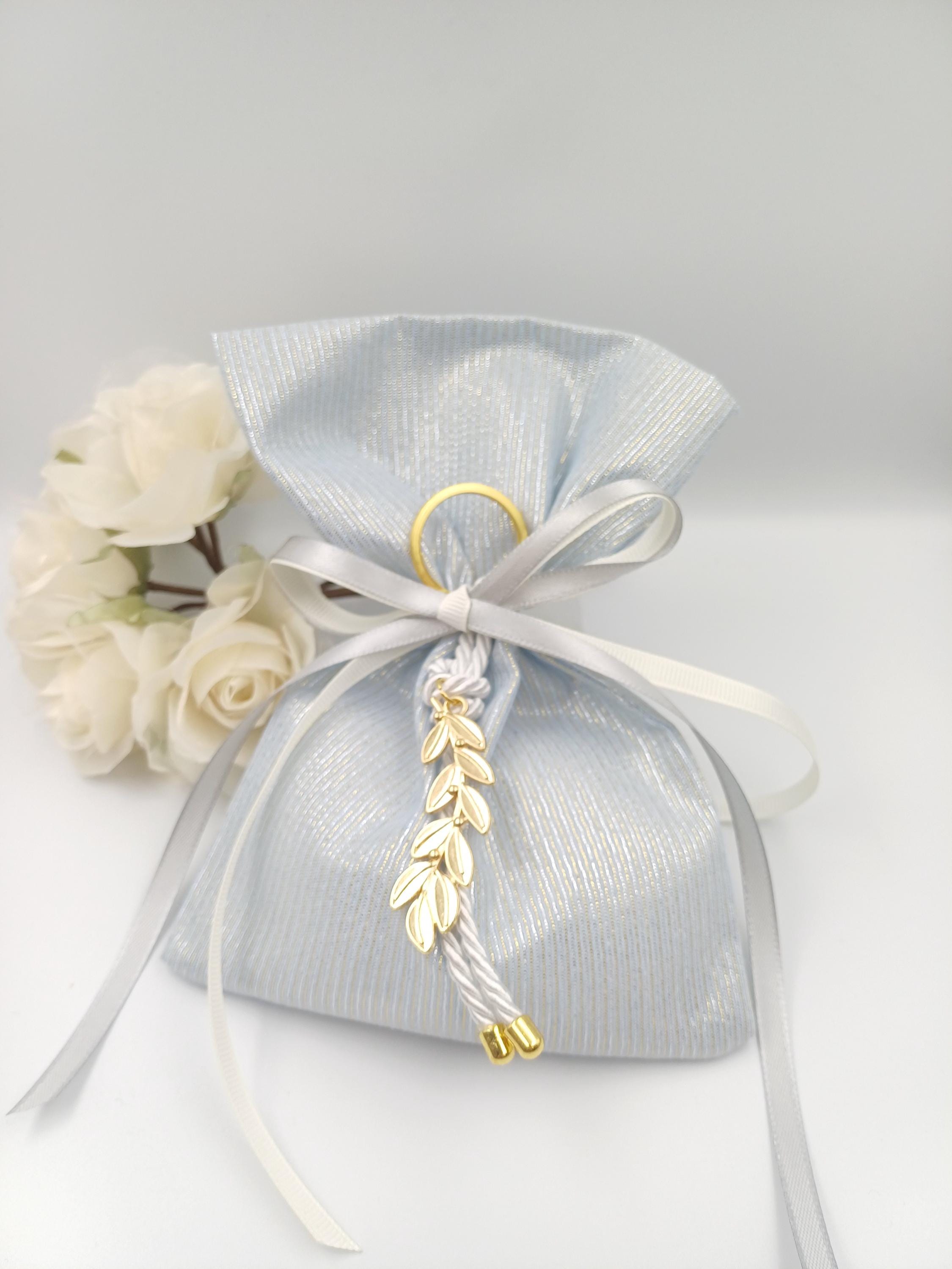 Greek Wedding Favors - Olive branch key chain Bombonieres -light blue and gold shade bags -Orthodox baptism - Unique Wedding Favor 10 pcs.