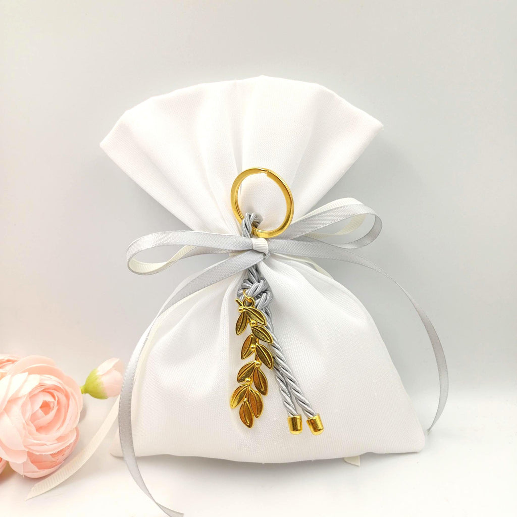 Greek Wedding Favors - Olive branch key chain Bombonieres White bags with grey keychain-Orthodox baptism - Unique Wedding Favor 10 pcs.