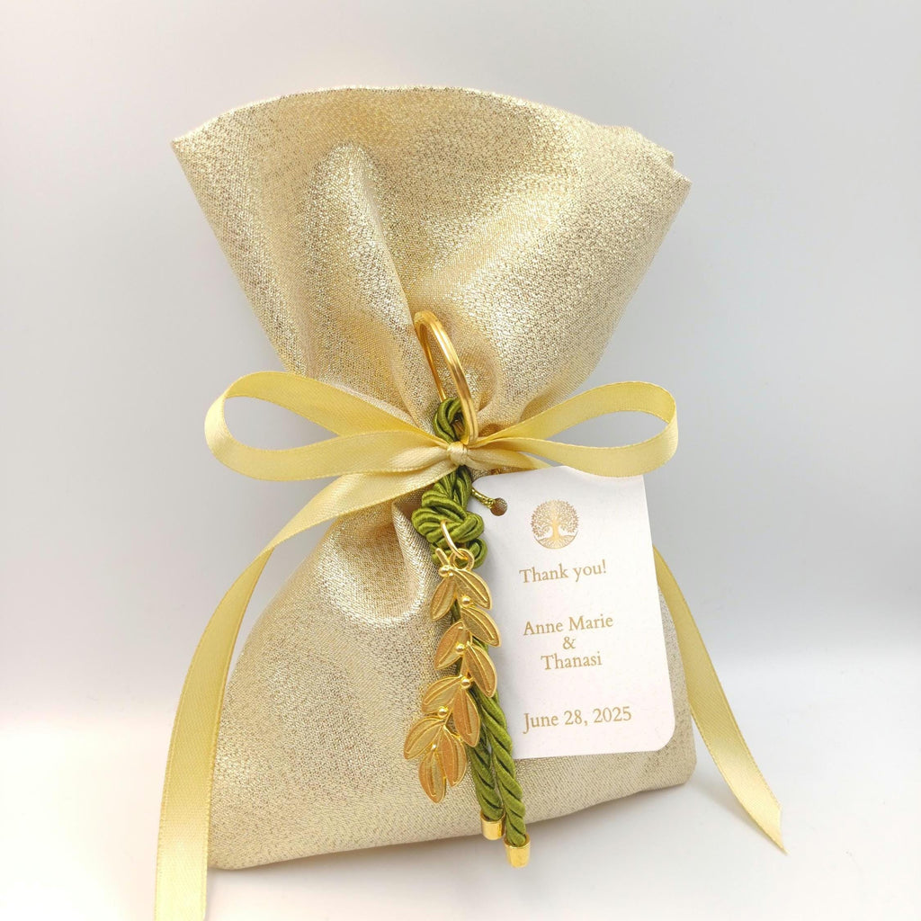 10 pcs, Gold Wedding Favor Bag, Greek bombonieres with Olive branch key chain Koufeta ,Orthodox baptism ,bridal shower gift, sweet 16 favors