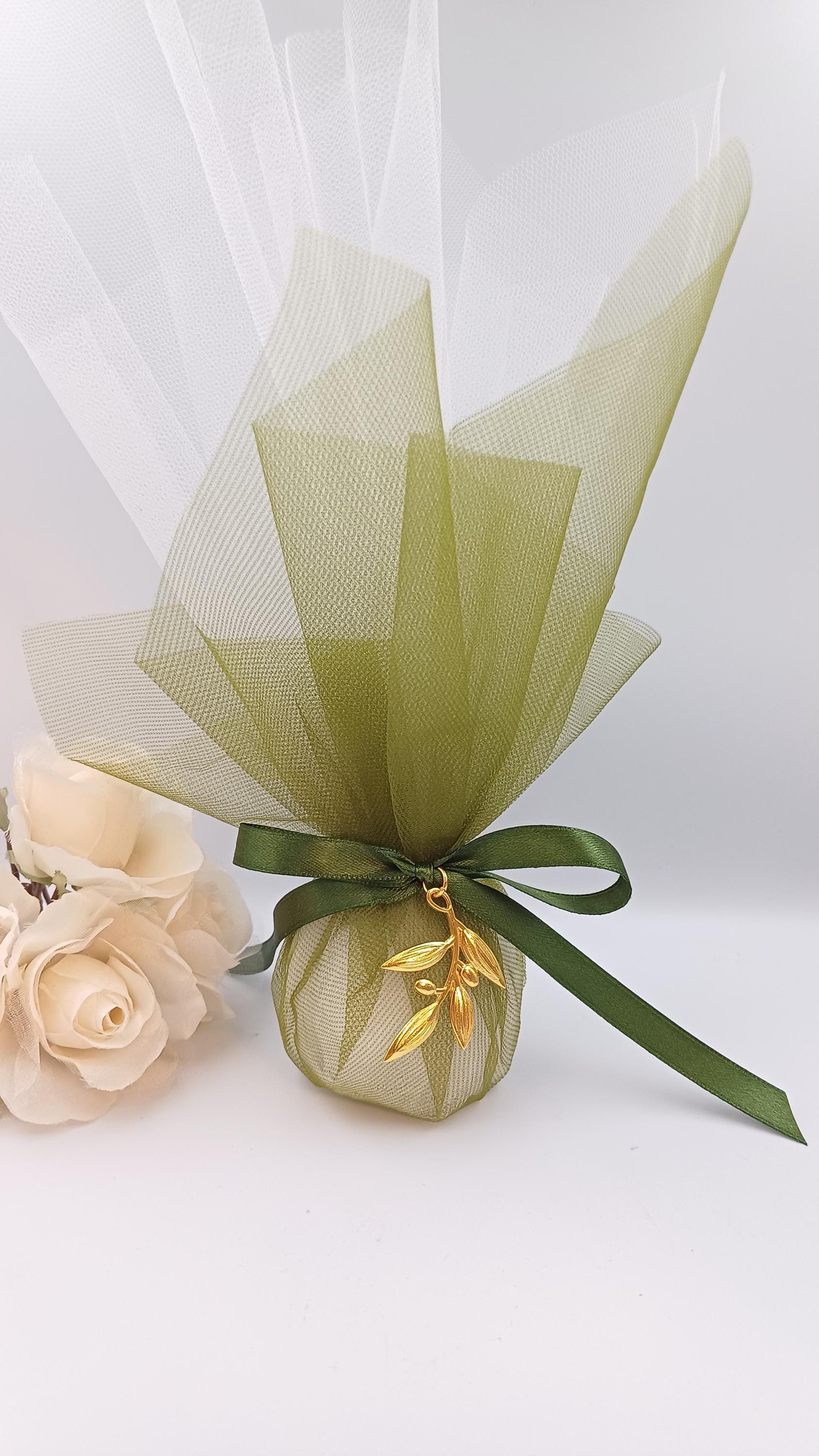 Wedding Favor with Olive Tree Branch in olive green tulle, Greek Orthodox Wedding Bombonieres, traditional tulle koufeta bags, 10pcs.