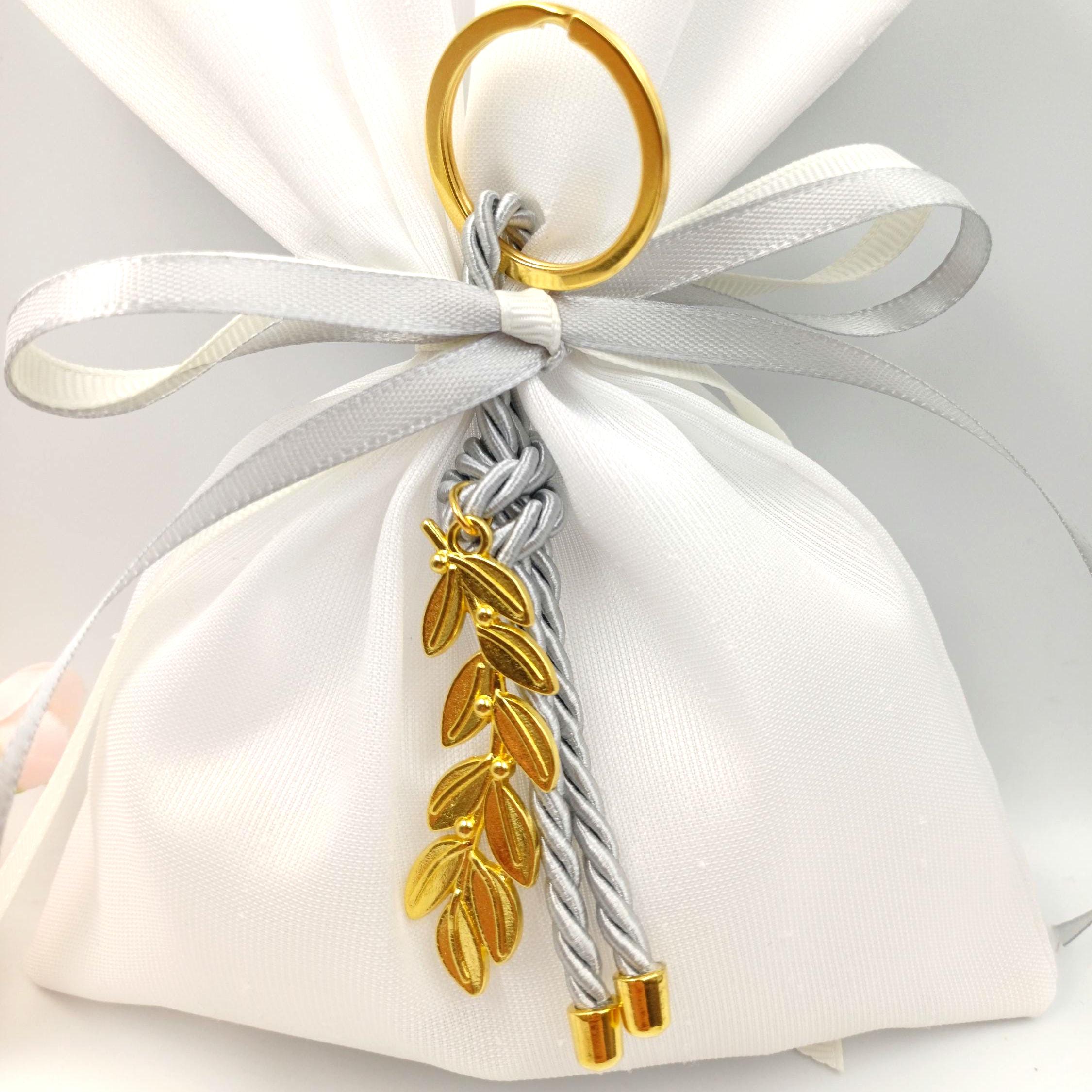 Greek Wedding Favors - Olive branch key chain Bombonieres White bags with grey keychain-Orthodox baptism - Unique Wedding Favor 10 pcs.