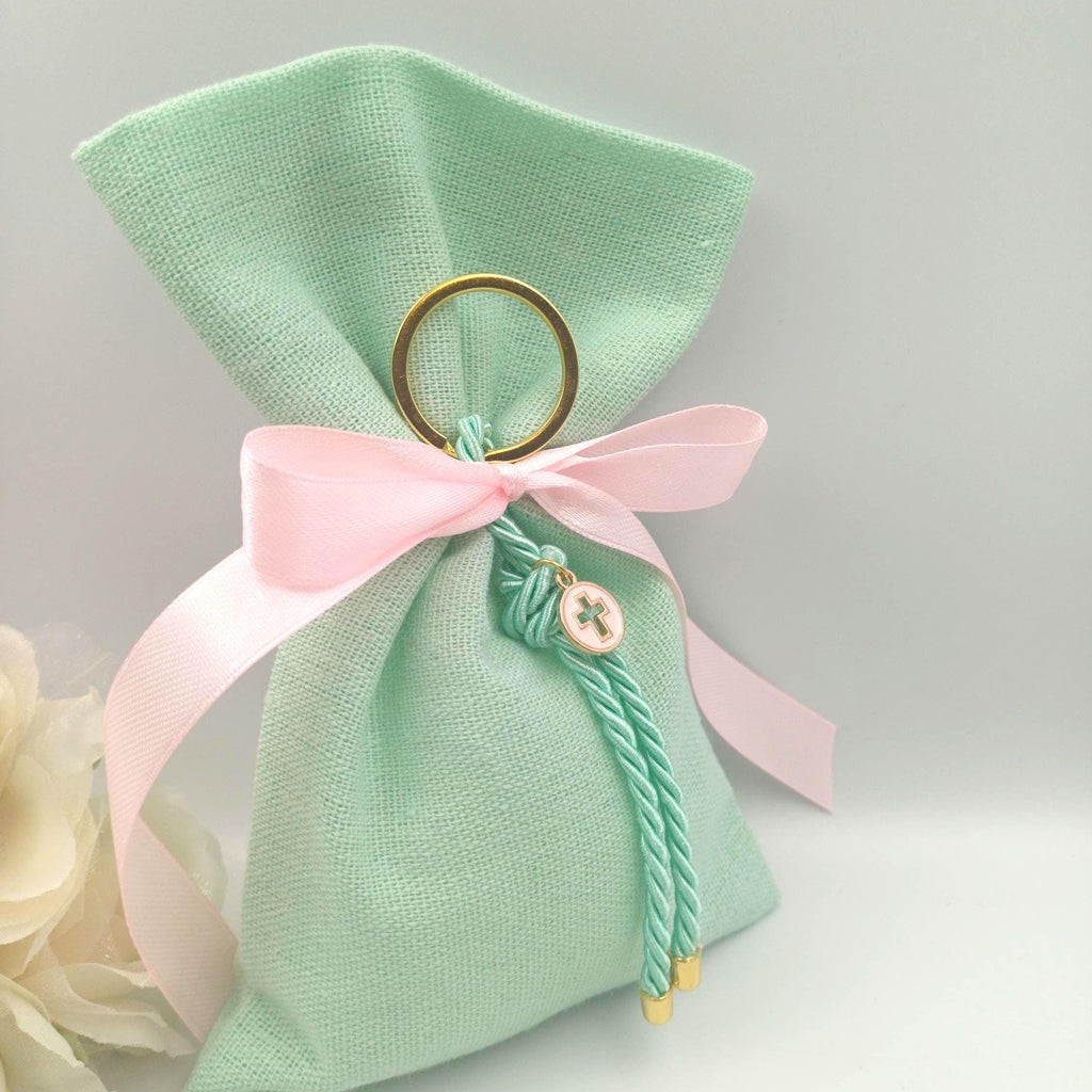 Baptism favors , Greek Orthodox baptism bomboniera almond candy mint green linen bags, Communion italian favors, cross keychain favor 10pcs.