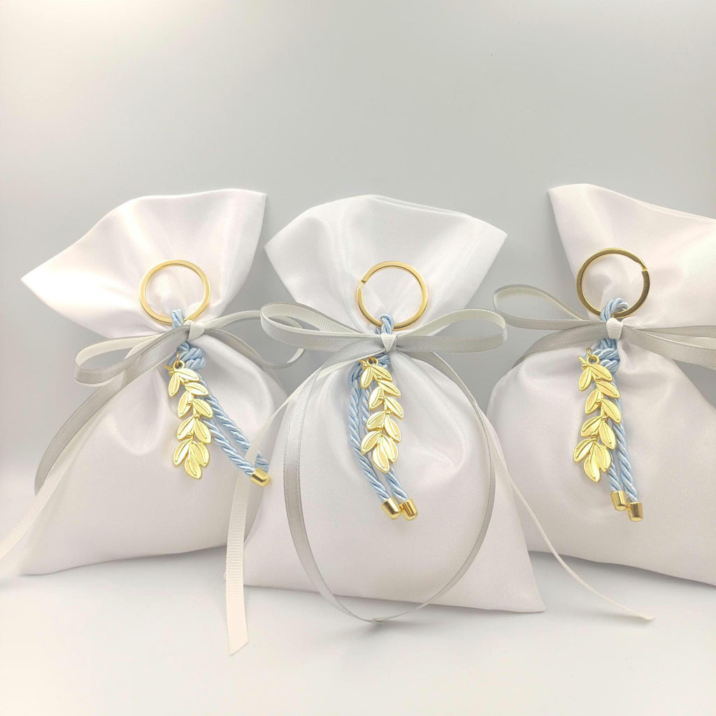 Greek Wedding Favors almond candy, Olive branch blue key chain Bombonieres Orthodox baptism favors , christening gift, koufeta bags 10 pcs.