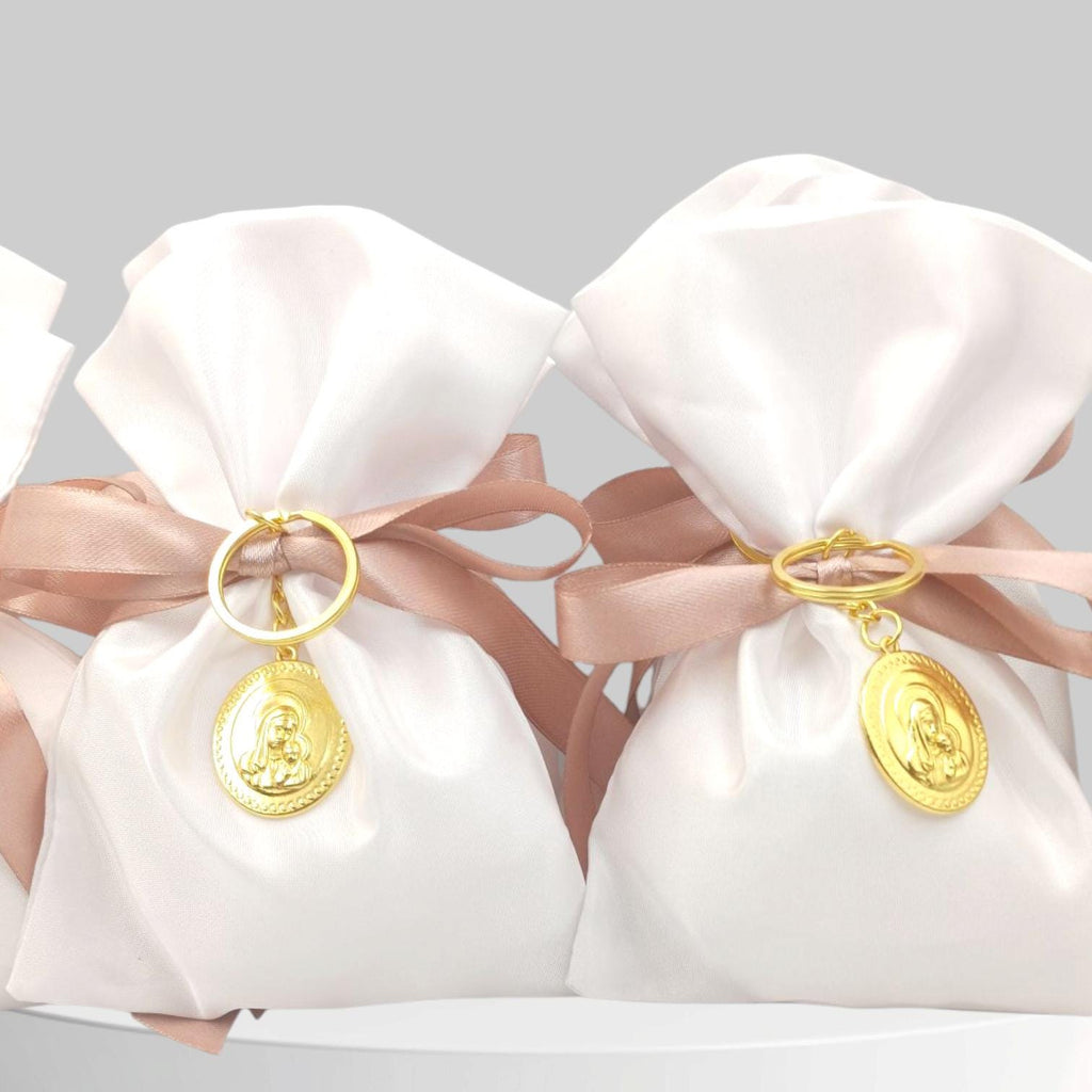 10 pcs, Greek baptism  bombonieres, Christening favor Panagia icon, Orthodox Keychain favors, Girl baptism,Koufeta, Almond candy satin bags.