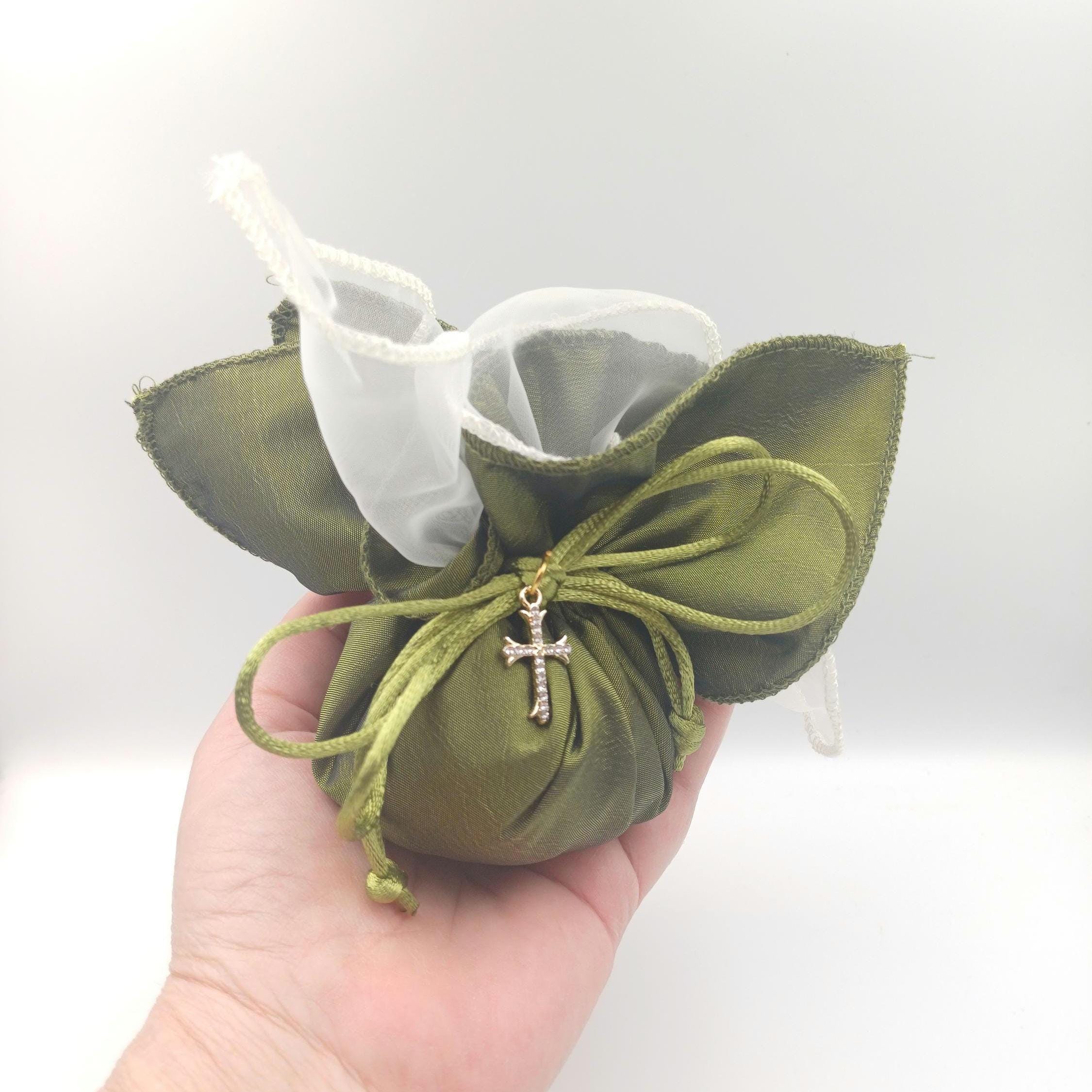 Baptism cross Favor olive green taffeta pouch, Greek Orthodox Wedding Bombonieres,bribal shower gift, traditional tulle koufeta bags, 10pcs.
