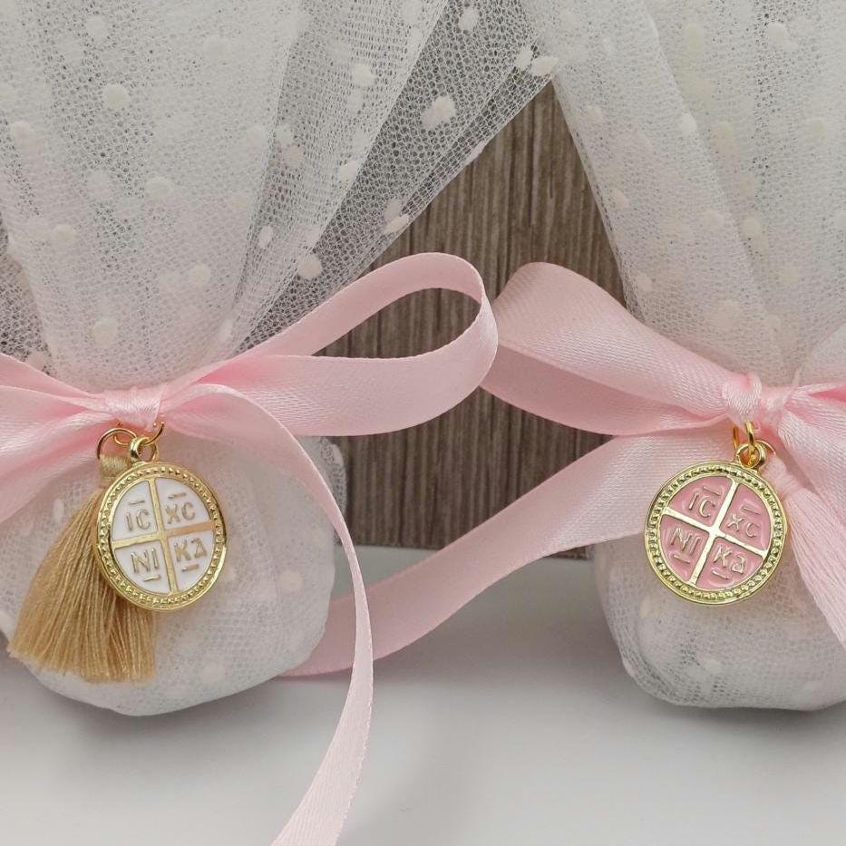 Baptism favors for guests girl Greek Orthodox cross tulle bobonieres,first communion favors koufeta sugared almond ,baptism souvenir, 10 pcs