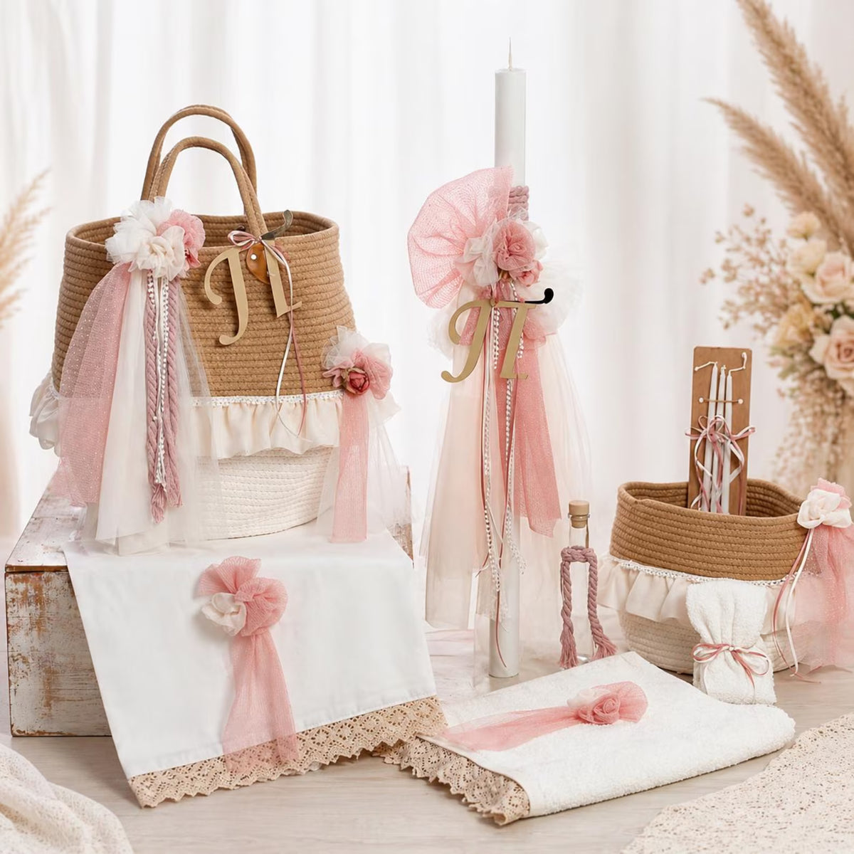 Romantic Greek Baptism Set for Girl, Orthodox Christening Custom Baptism Candle, Ladopana and Oil Set, Rustic Style.