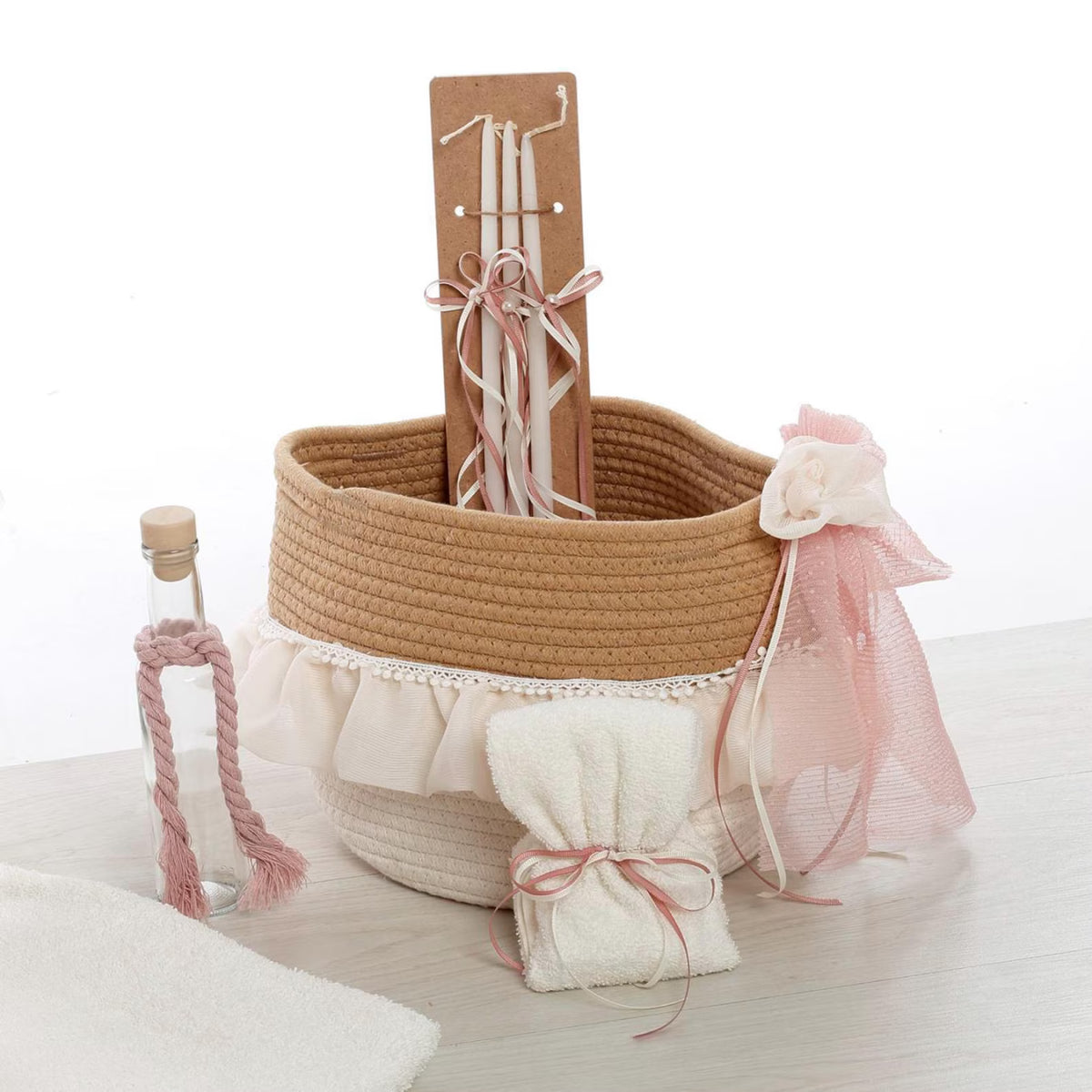 Romantic Greek Baptism Set for Girl, Orthodox Christening Custom Baptism Candle, Ladopana and Oil Set, Rustic Style.
