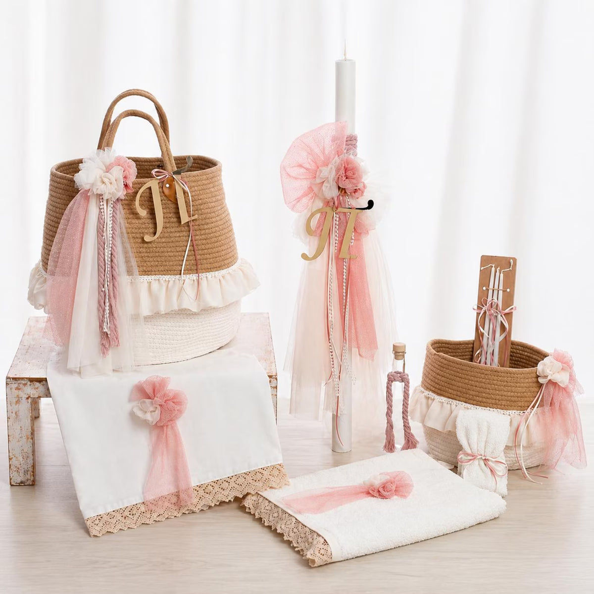 Romantic Greek Baptism Set for Girl, Orthodox Christening Custom Baptism Candle, Ladopana and Oil Set, Rustic Style.