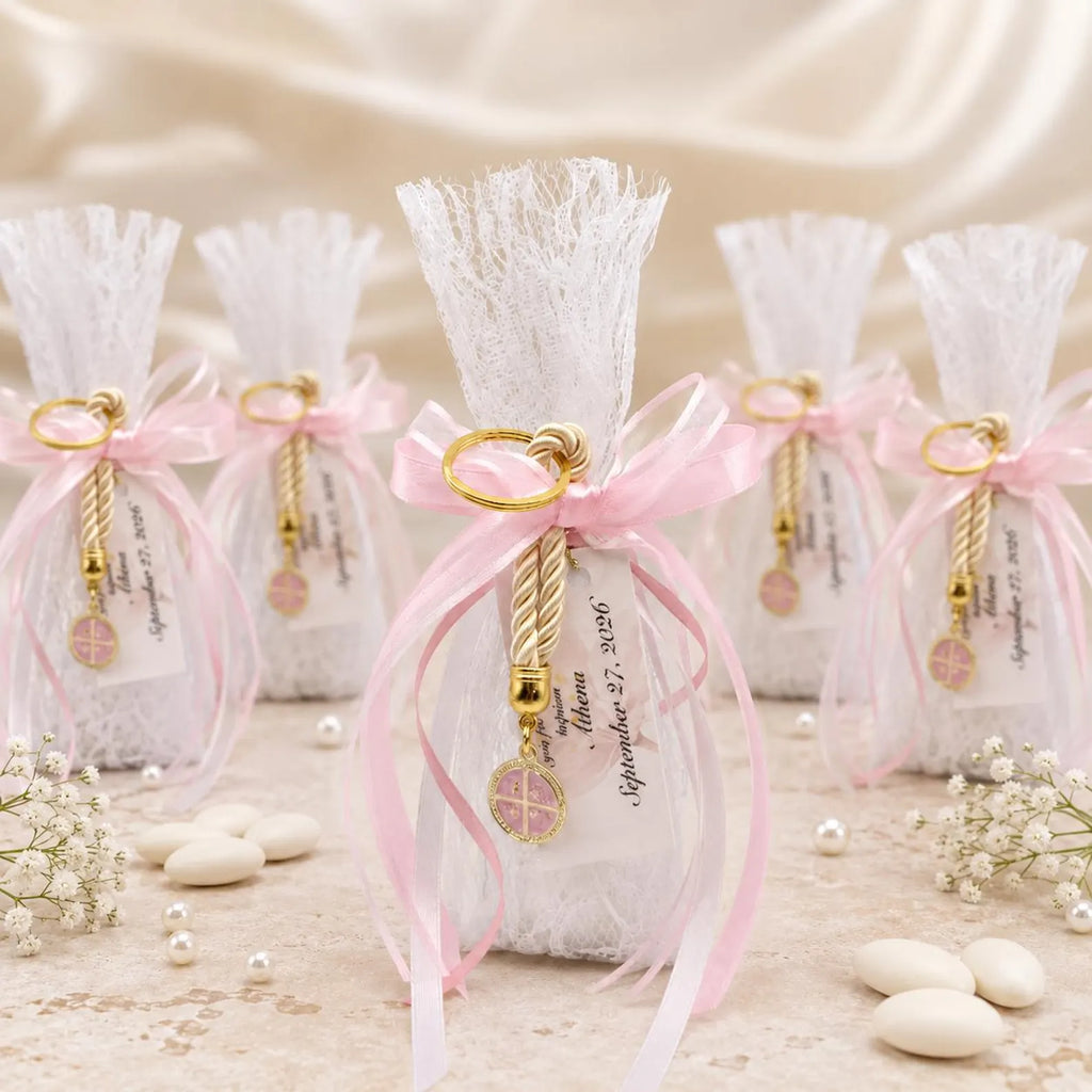 Lace Baptism Favors, Bomboniera with Pink Cross Keychain, Orthodox Christening Koufeta bags (Set of 10)