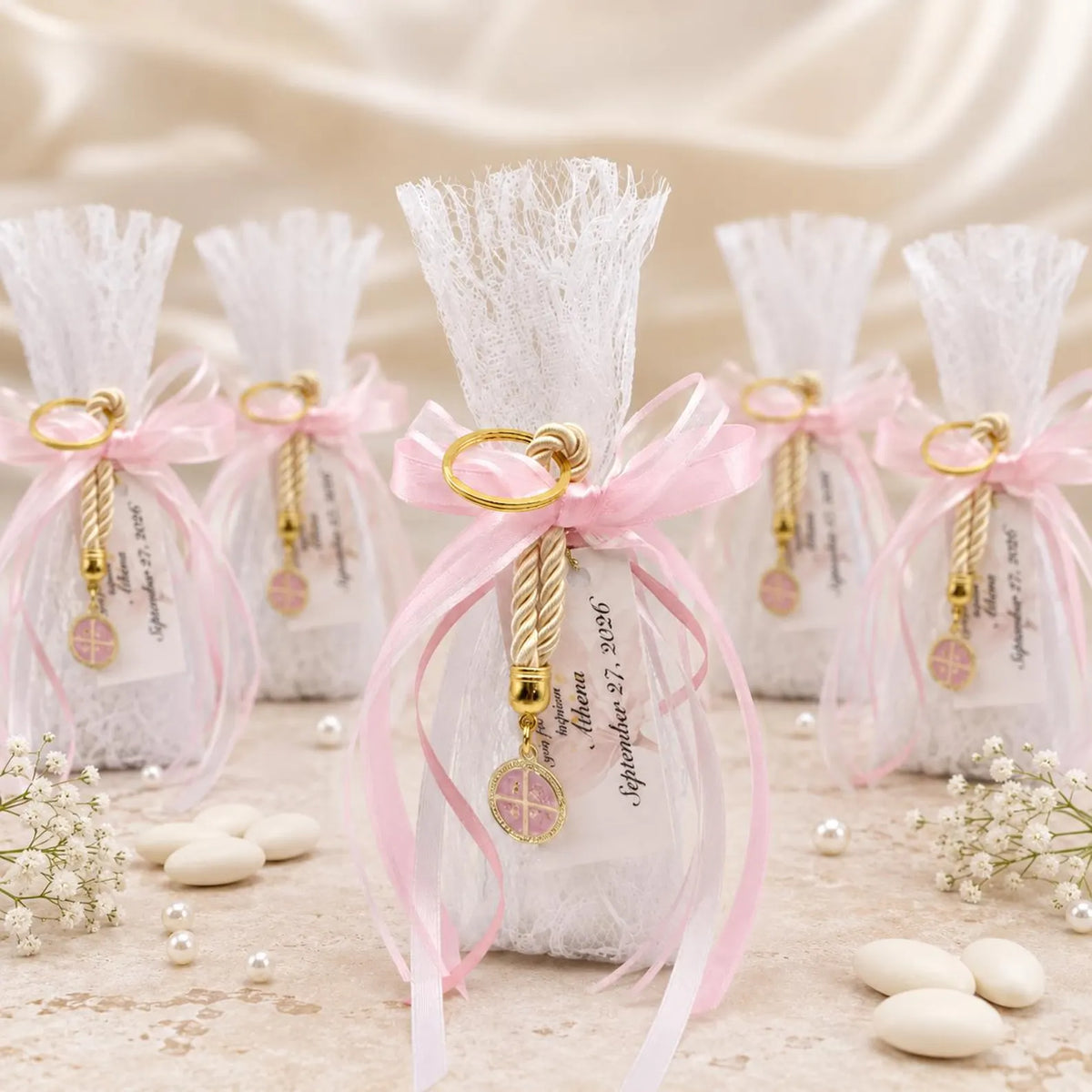 Lace Baptism Favors, Bomboniera with Pink Cross Keychain, Orthodox Christening Koufeta bags (Set of 10)