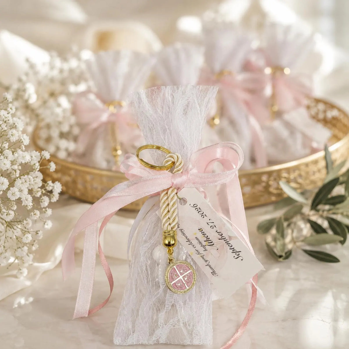 Lace Baptism Favors, Bomboniera with Pink Cross Keychain, Orthodox Christening Koufeta bags (Set of 10)
