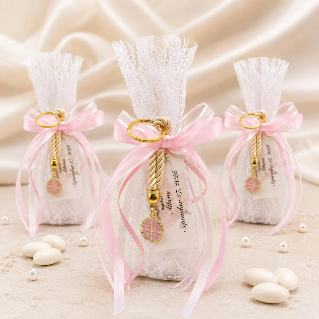 Lace Baptism Favors, Bomboniera with Pink Cross Keychain, Orthodox Christening Koufeta bags (Set of 10)
