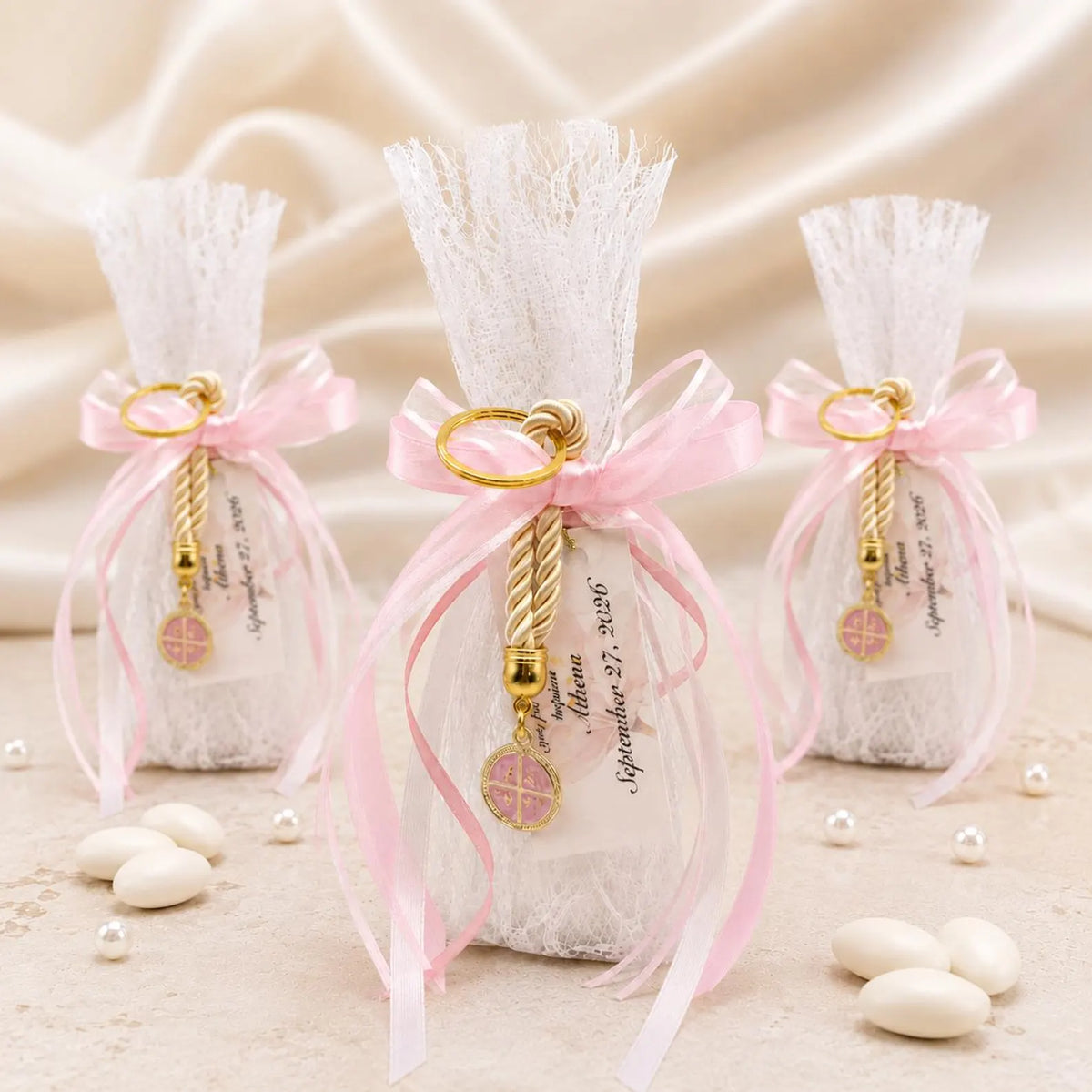 Lace Baptism Favors, Bomboniera with Pink Cross Keychain, Orthodox Christening Koufeta bags (Set of 10)