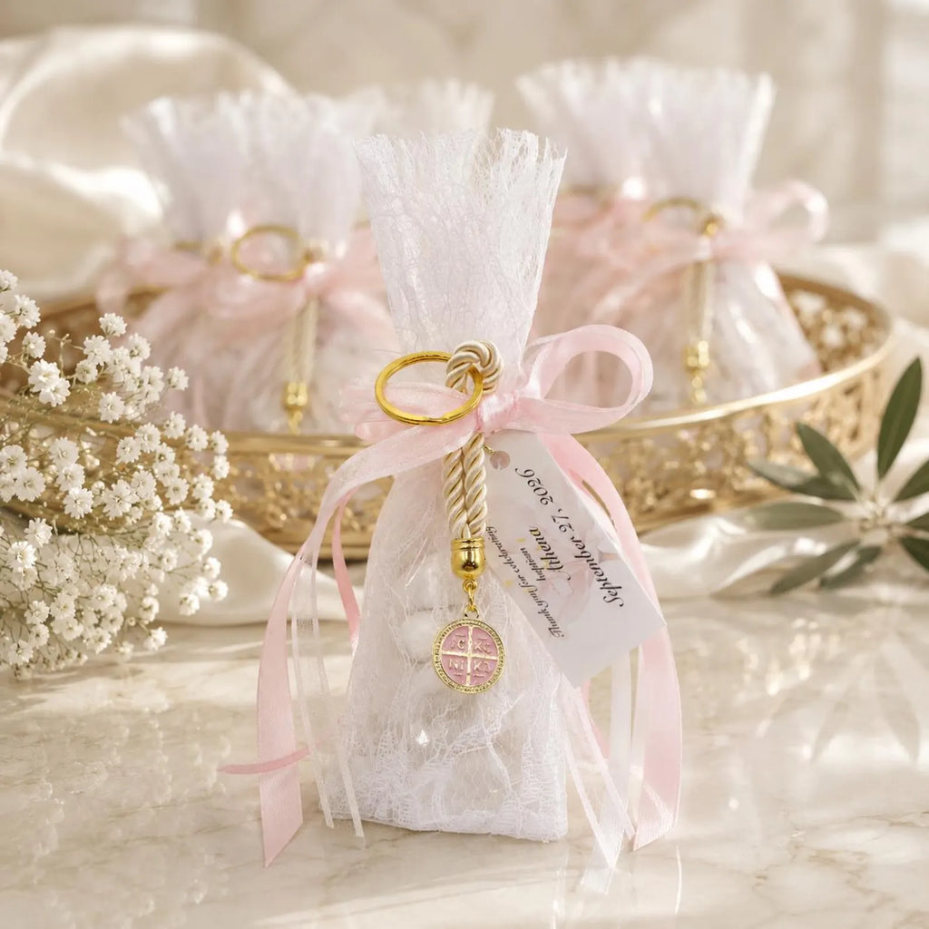 Lace Baptism Favors, Bomboniera with Pink Cross Keychain, Orthodox Christening Koufeta bags (Set of 10)