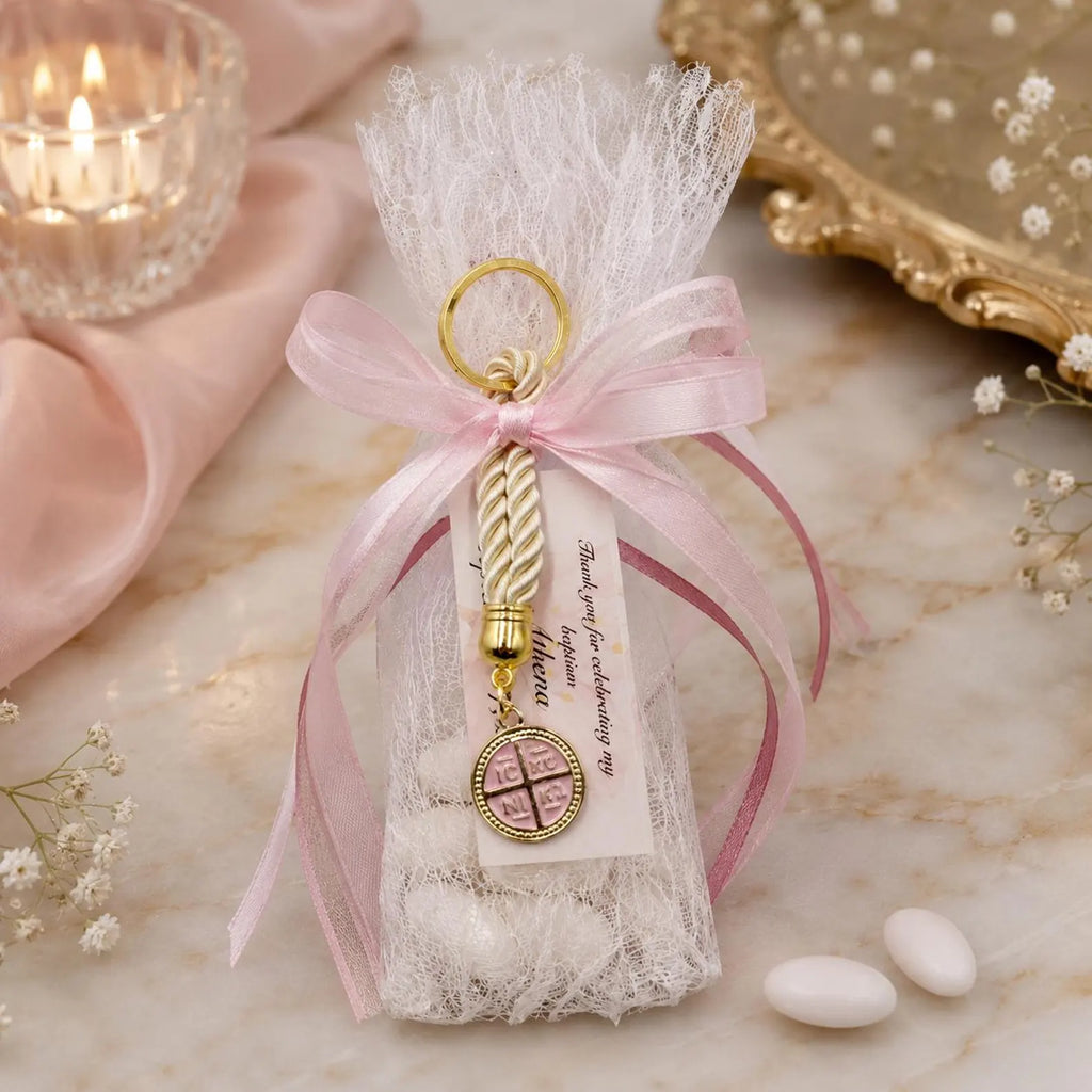 Lace Baptism Favors, Bomboniera with Pink Cross Keychain, Orthodox Christening Koufeta bags (Set of 10)