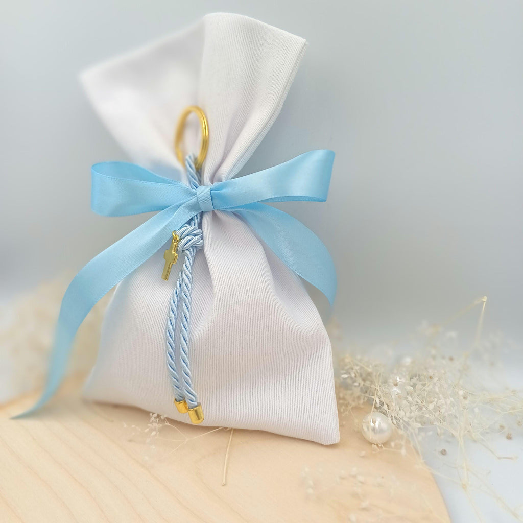 Greek Baptism Favors: Cross Keychain, Blue Ribbon (Set of 10)