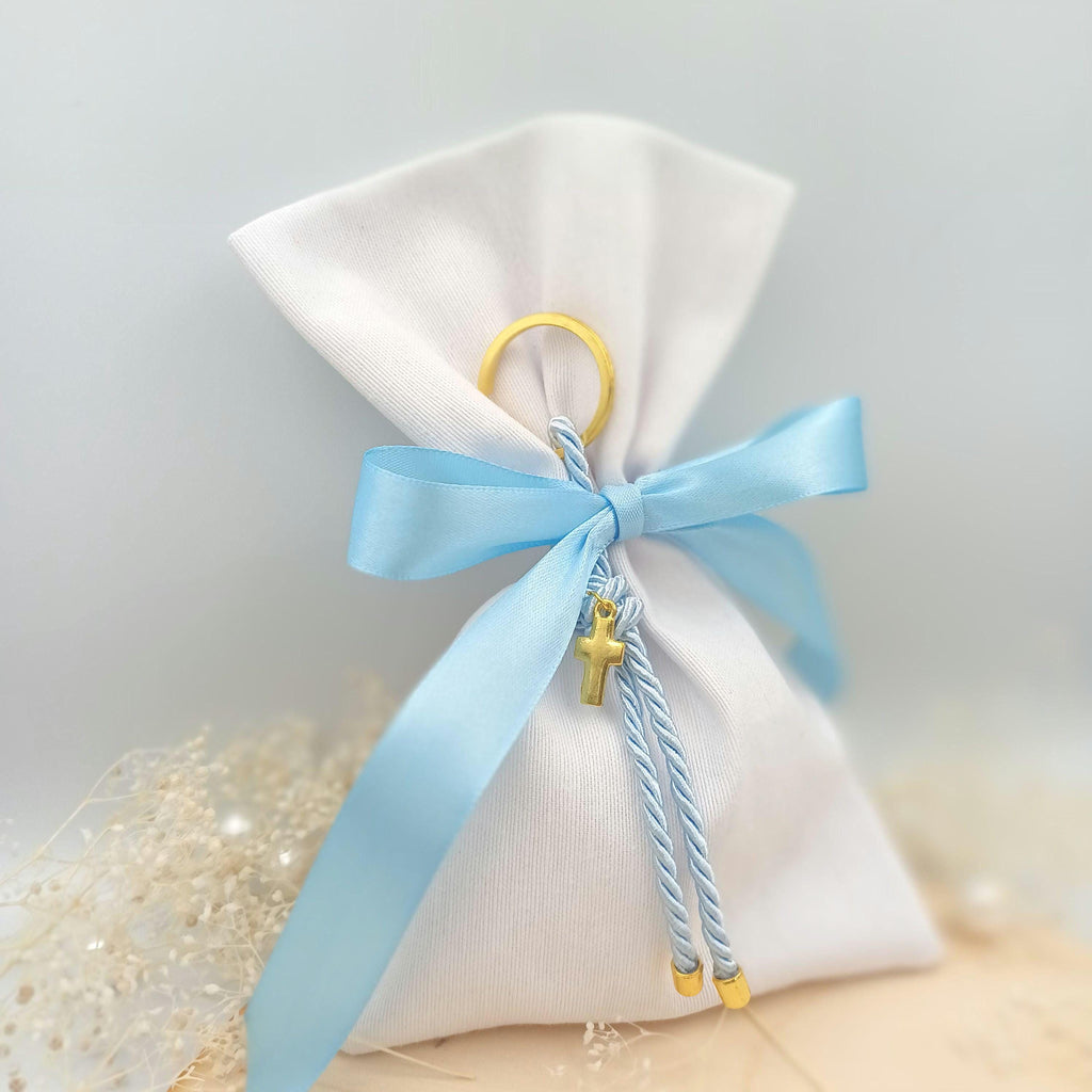 Greek Baptism Favors: Cross Keychain, Blue Ribbon (Set of 10)