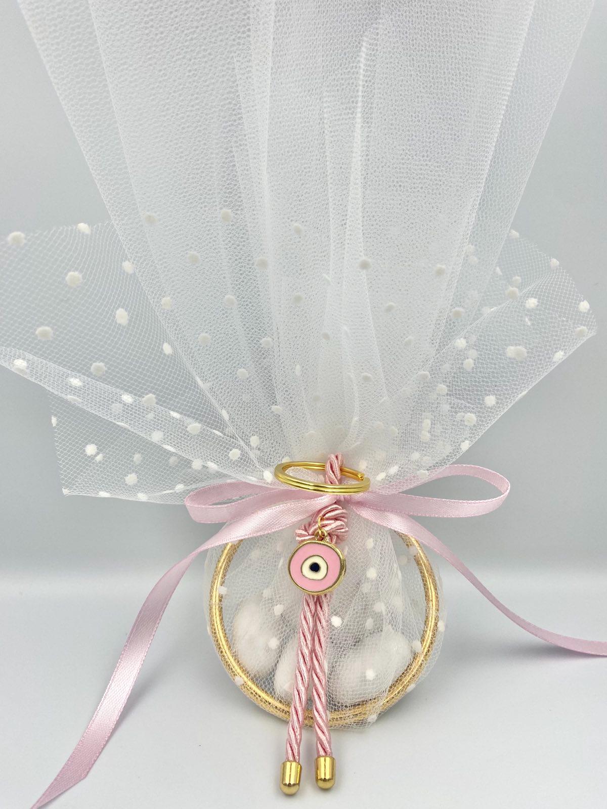 Greek Baptism Bombonieres – Evil Eye Keychain & Almond Candy – Orthodox Girl Favor, Martyrika, Koufeta (Set of 10)