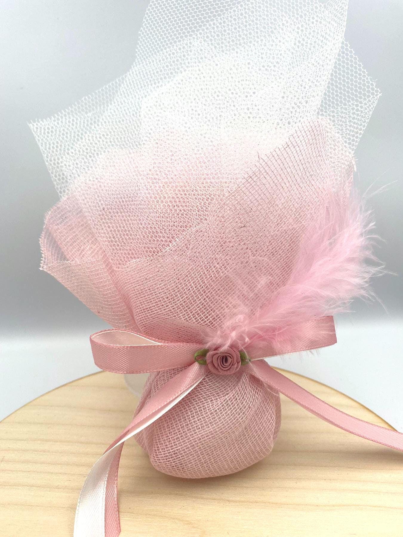 10 pcs Greek Orthodox Pink Tulle Christening Favor | Baptism Koufeta Bomboniere with Sugared Almonds
