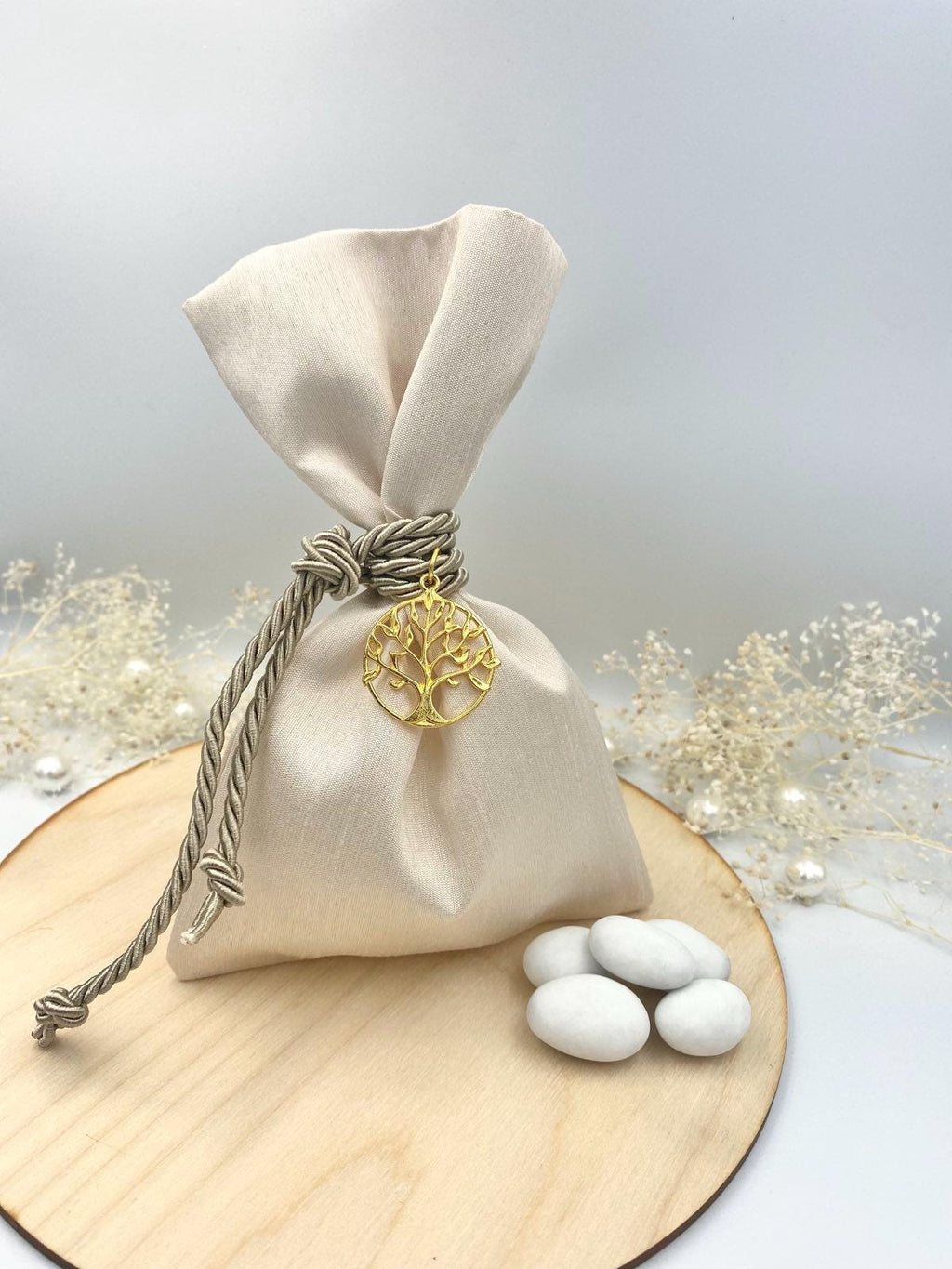 Greek Orthodox Bombonieres Wedding Favors, Tree of life koufeta in satin pouch, 10 pcs
