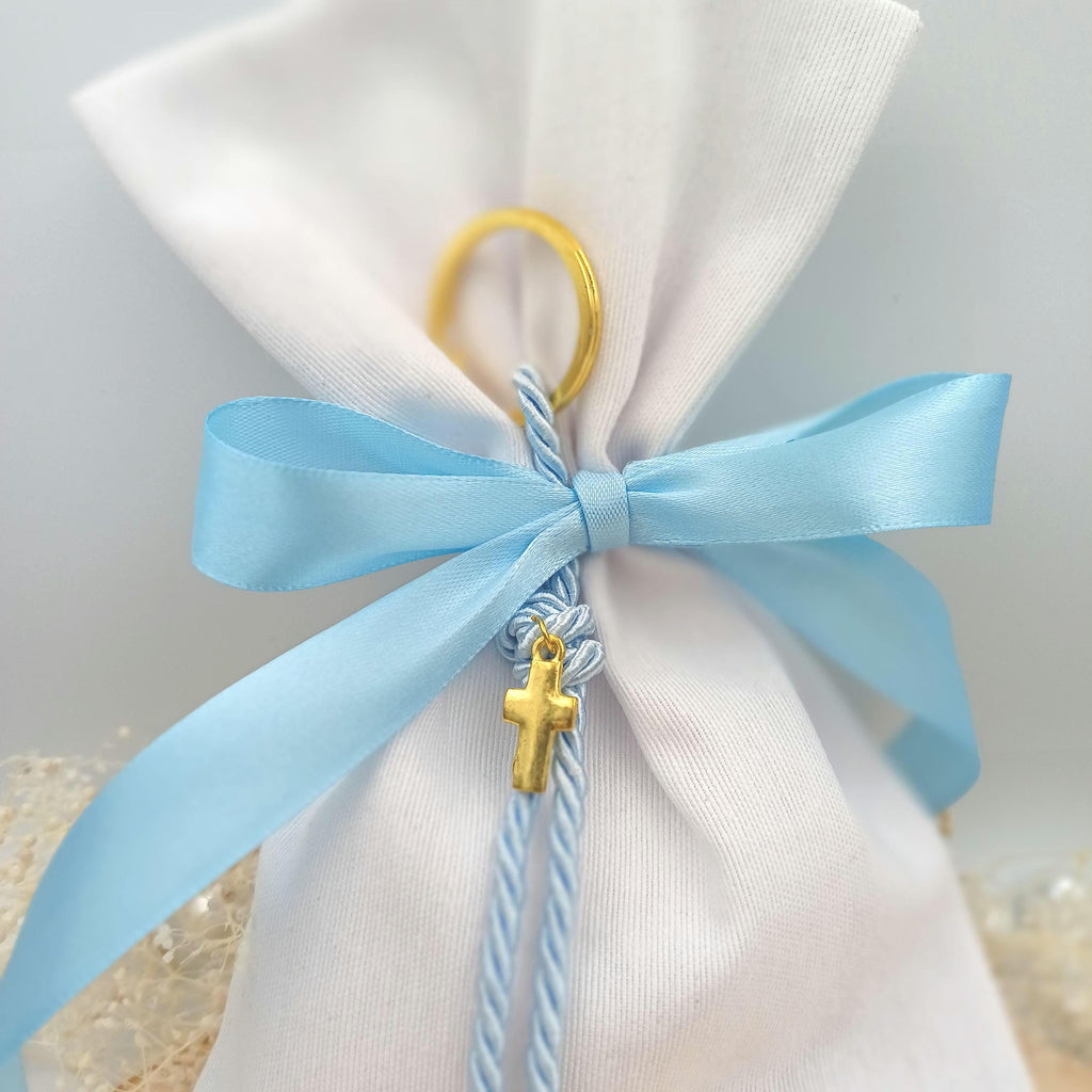 Greek Baptism Favors: Cross Keychain, Blue Ribbon (Set of 10)