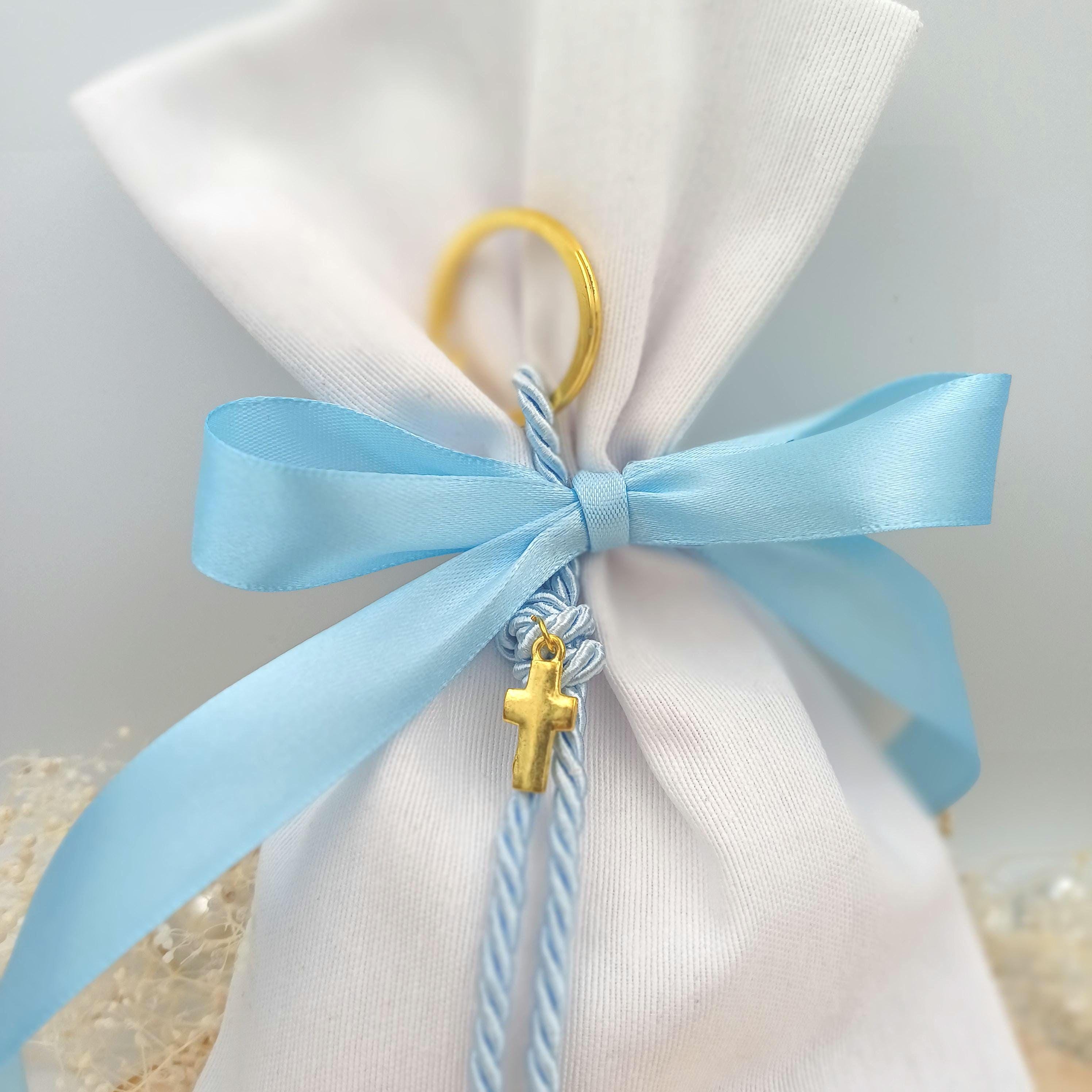 Greek Baptism Favors: Cross Keychain, Blue Ribbon (Set of 10)