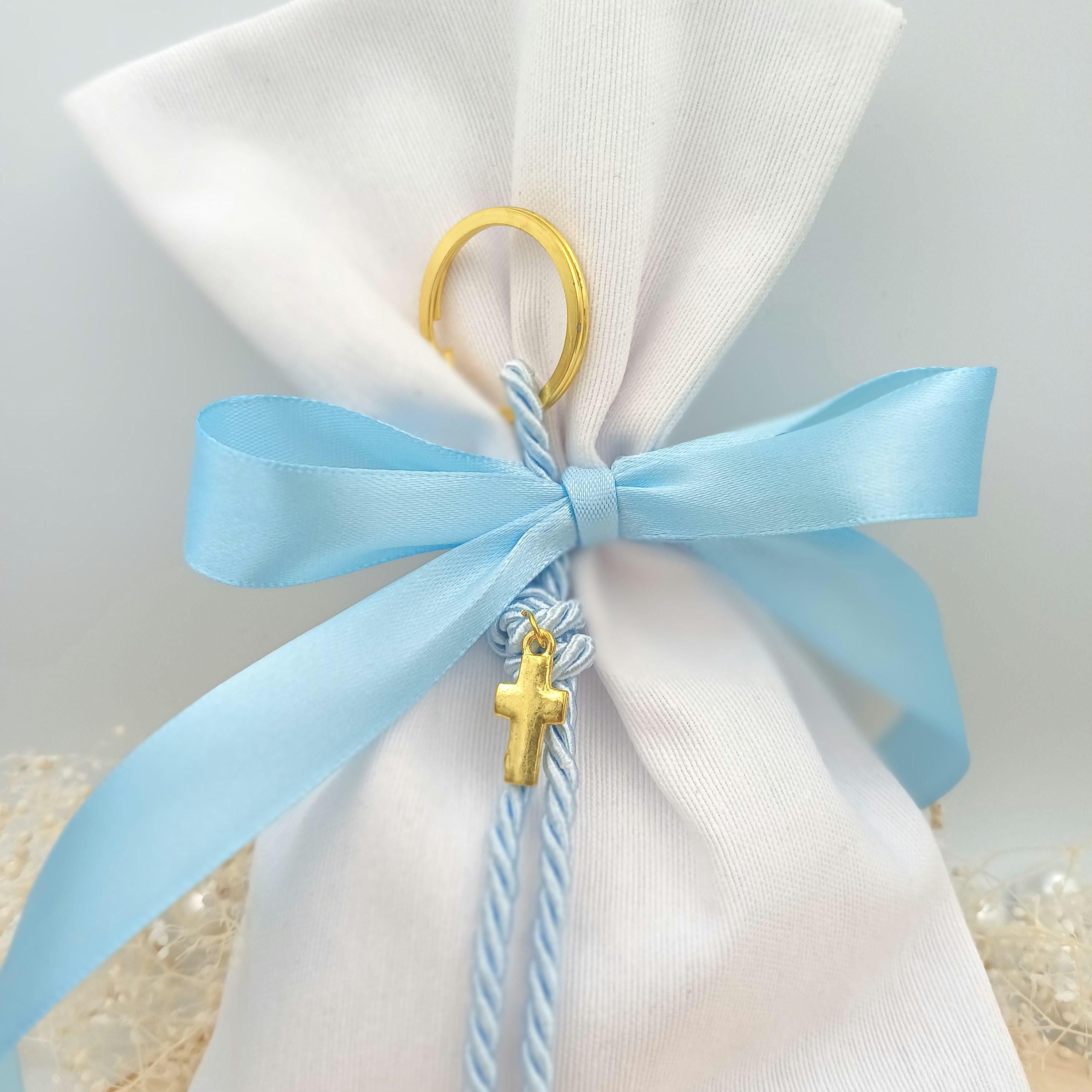 Greek Baptism Favors: Cross Keychain, Blue Ribbon (Set of 10)