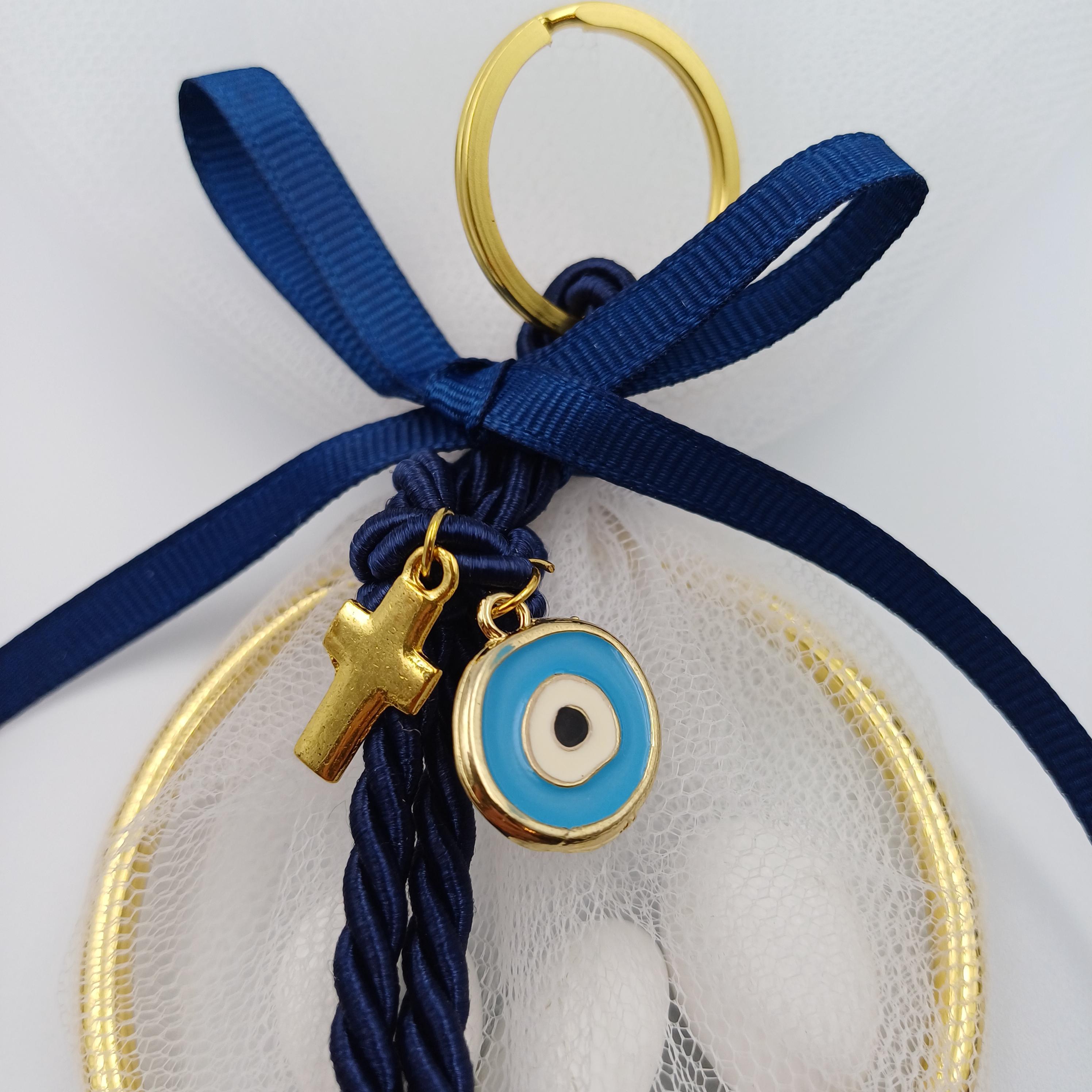 Luxury Greek Orthodox Baptism Favors – Evil Eye Keychain Mpomponiera for Boy – Martyrika Set of 10