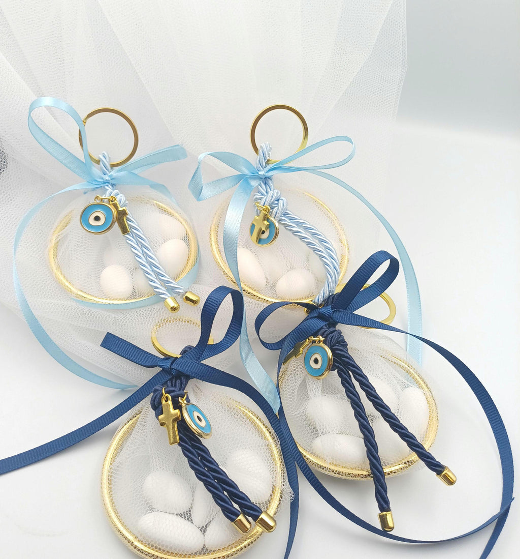 Luxury Greek Orthodox Baptism Favors – Evil Eye Keychain Mpomponiera for Boy – Martyrika Set of 10