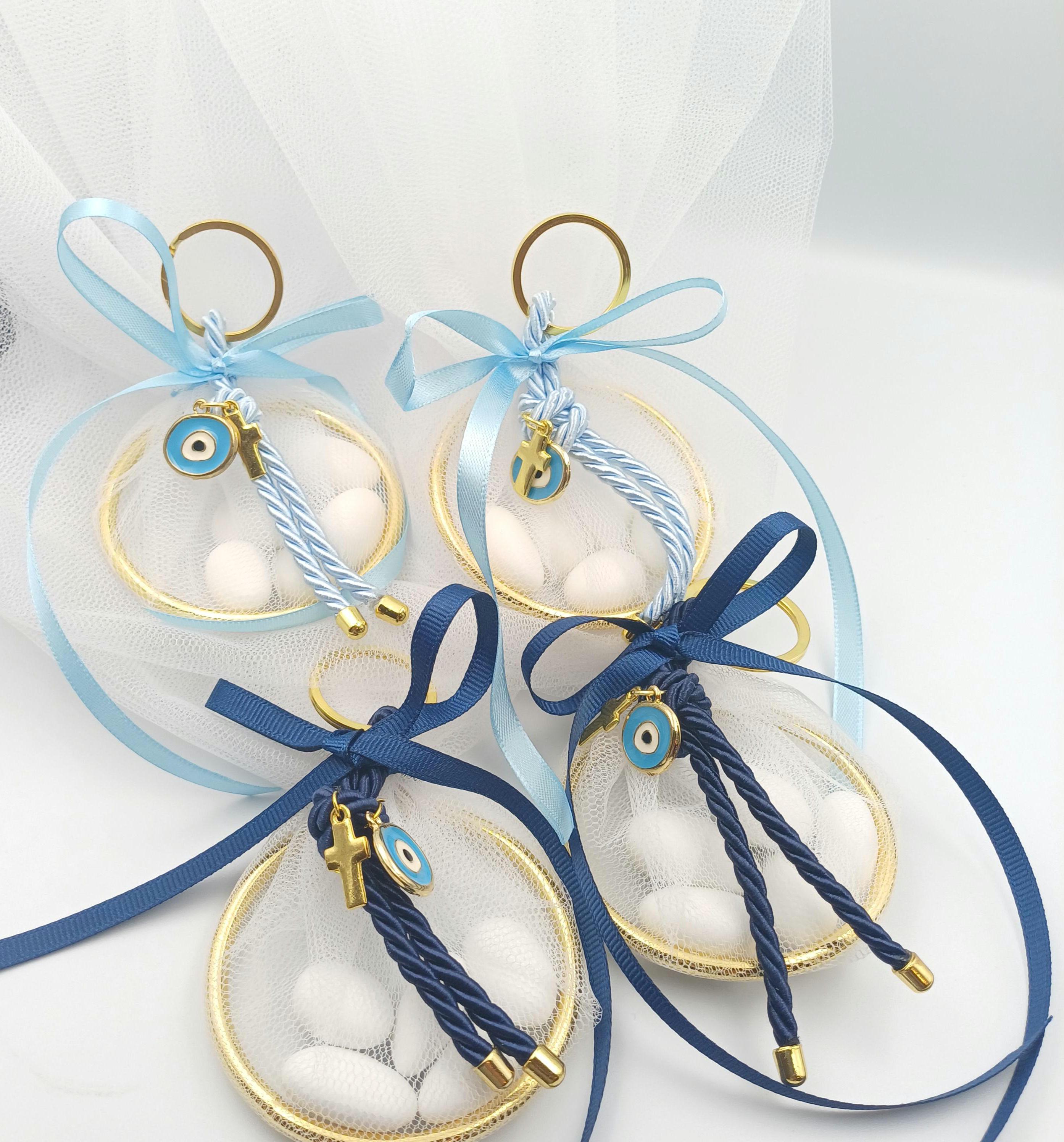Luxury Greek Orthodox Baptism Favors – Evil Eye Keychain Mpomponiera for Boy – Martyrika Set of 10