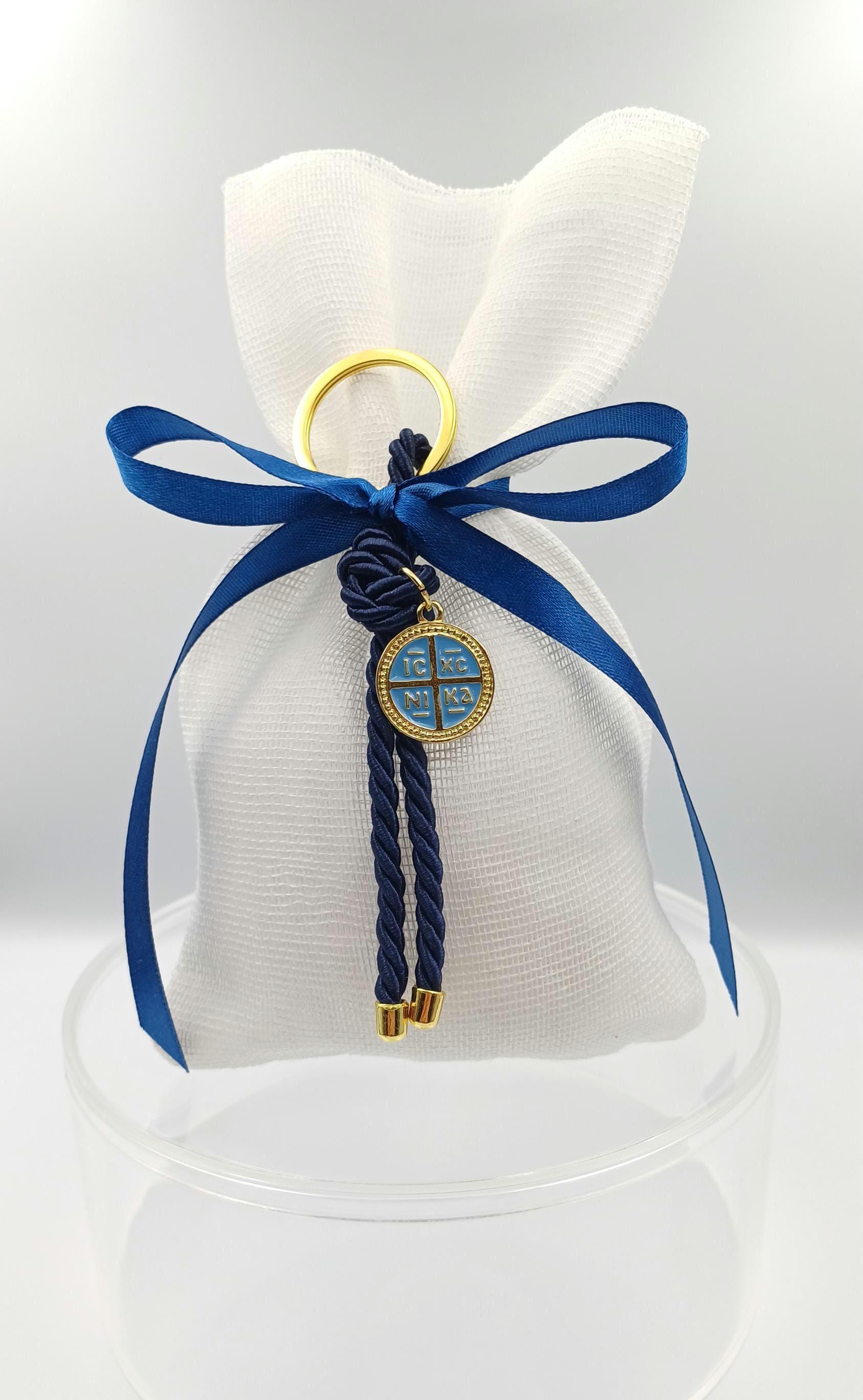 Greek Orthodox Baptism Bombonieres, Boy Christening Favors with Cross Keychain, Koufeta Almonds– 10 pcs