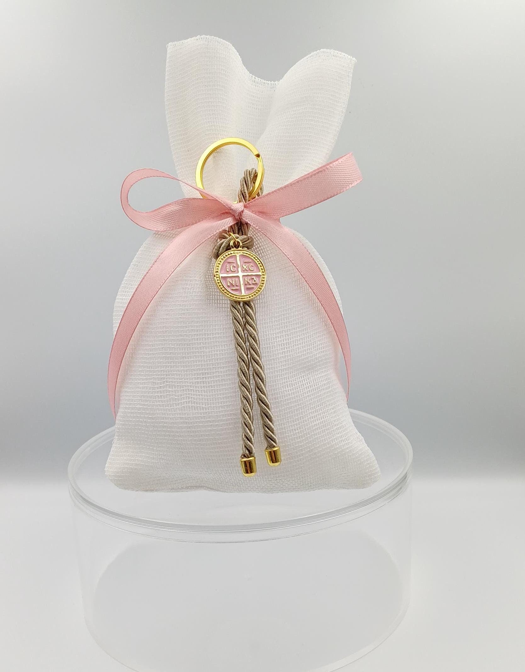10 pcs, Greek  Orthodox baptism bobonieres, Constantinato keychain favors,  Girl baptism, Koufeta , pink Mpomponieres, Almond candy pouches.