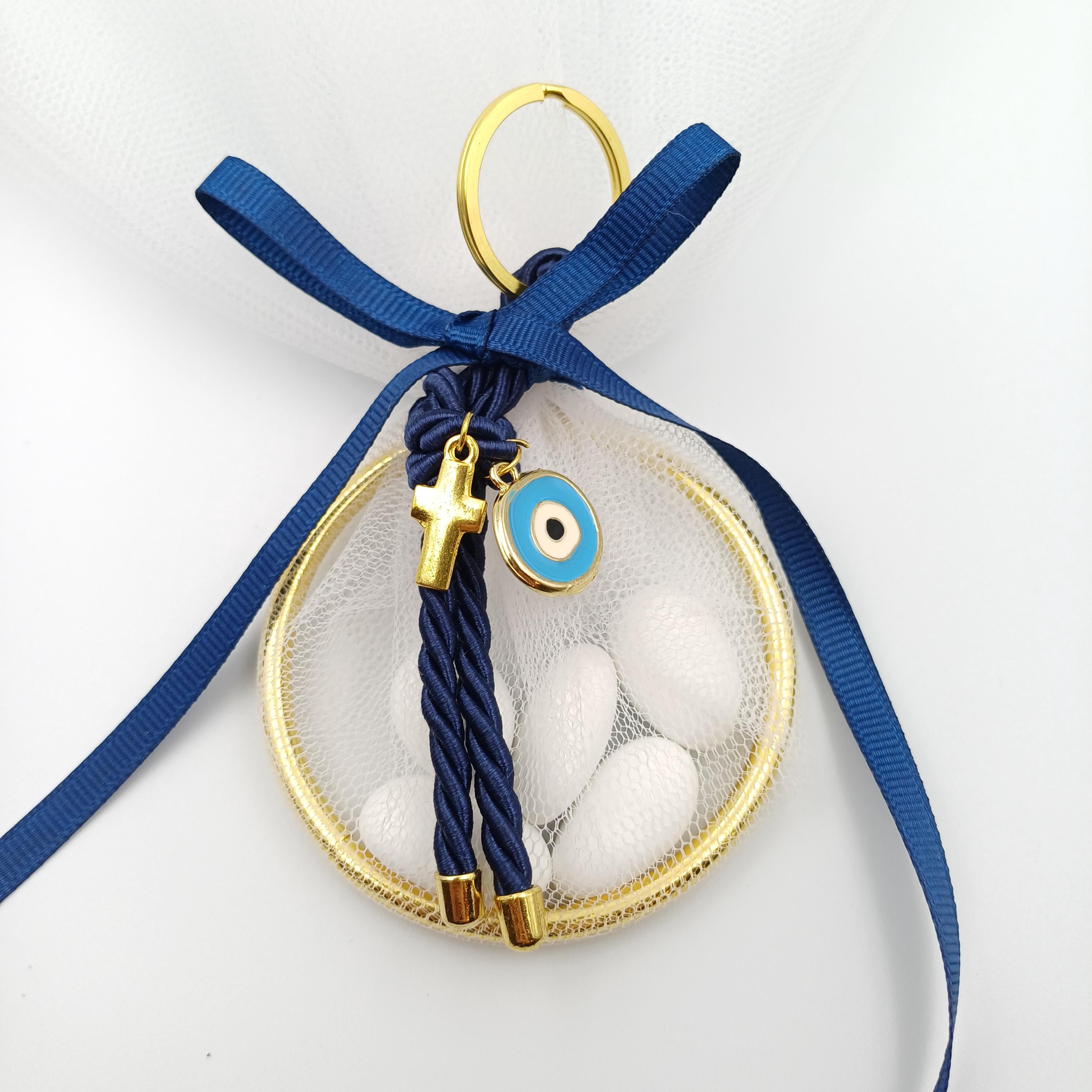 Luxury Greek Orthodox Baptism Favors – Evil Eye Keychain Mpomponiera for Boy – Martyrika Set of 10