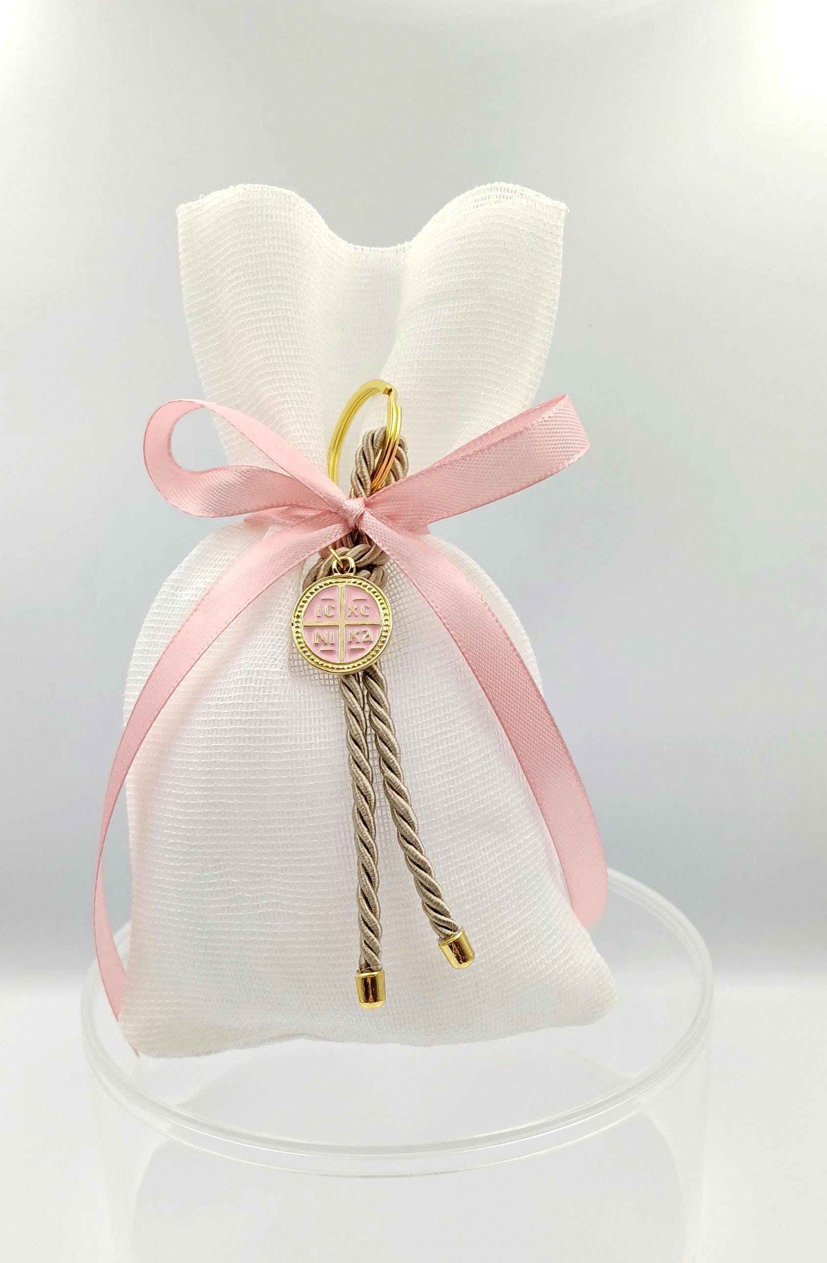 10 pcs, Greek  Orthodox baptism bobonieres, Constantinato keychain favors,  Girl baptism, Koufeta , pink Mpomponieres, Almond candy pouches.