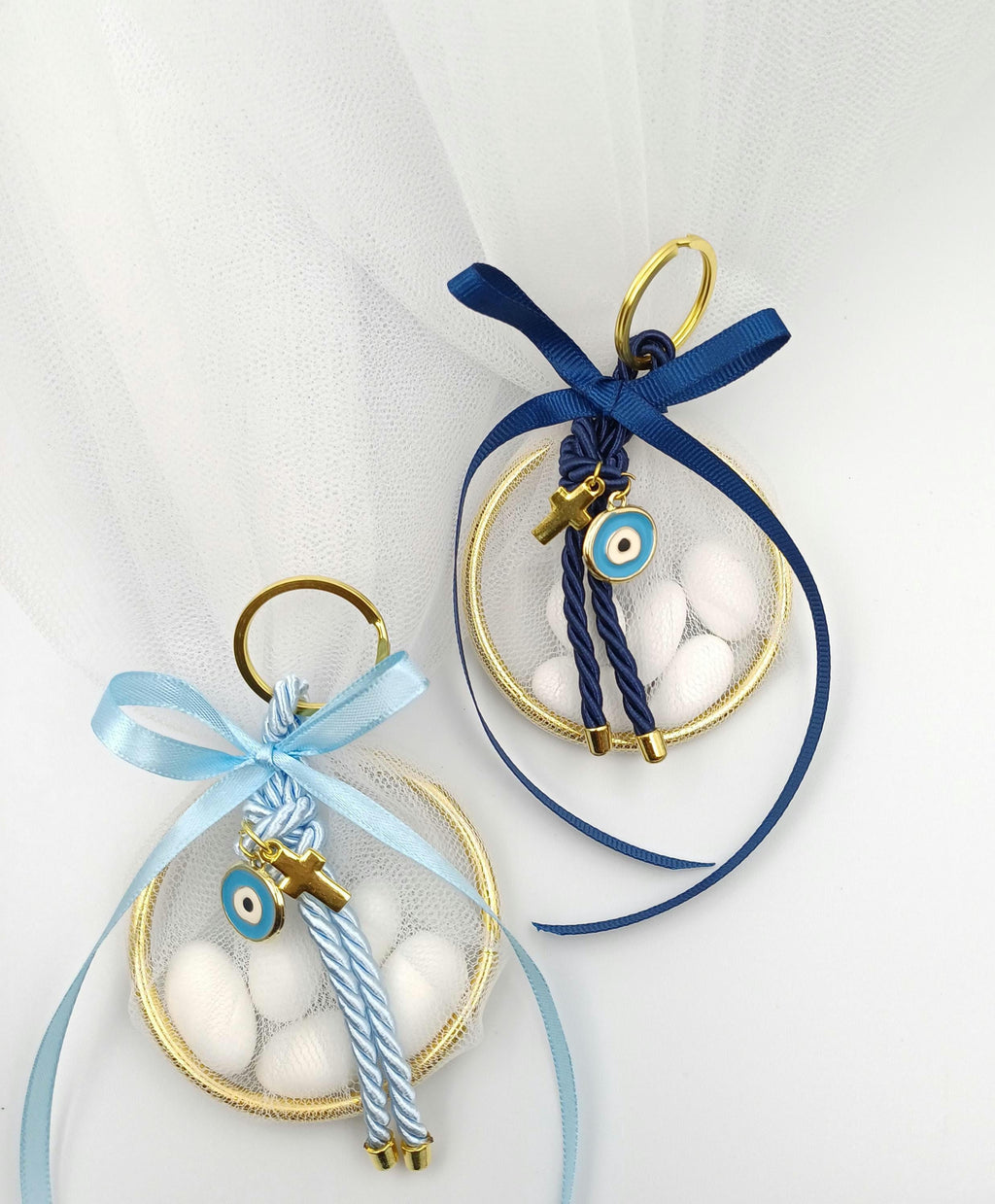 Luxury Greek Orthodox Baptism Favors – Evil Eye Keychain Mpomponiera for Boy – Martyrika Set of 10